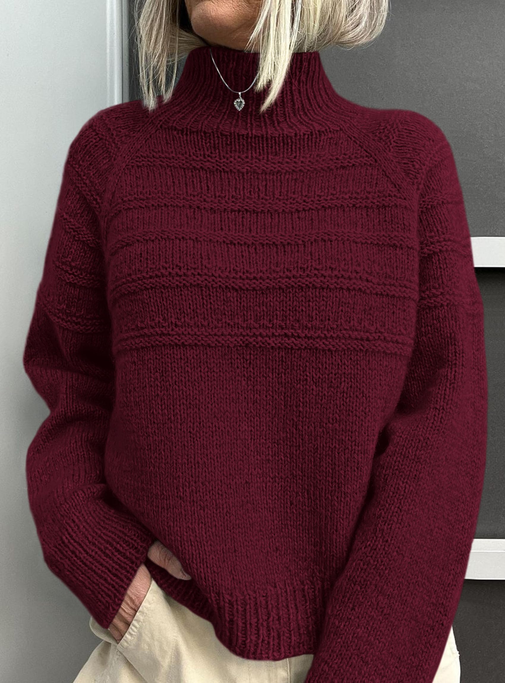 Women's Chunky Knit Mock Neck Pullover Sweaters,Burgundy,S