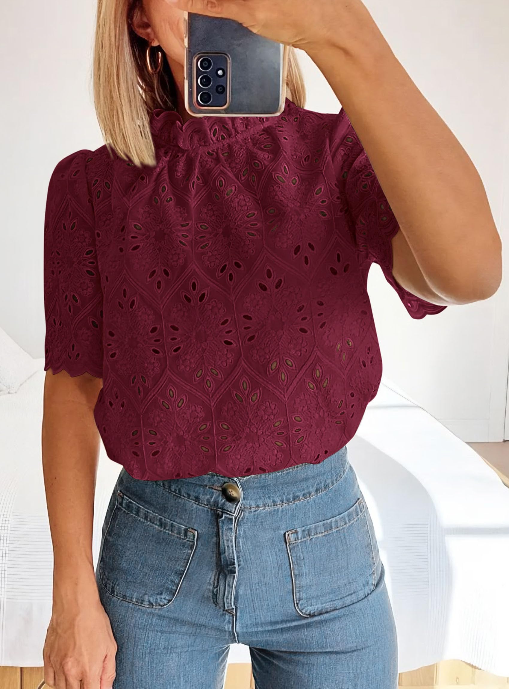 Women Summer Tops Eyelet Embroidered Shirts,Wine Red,XS