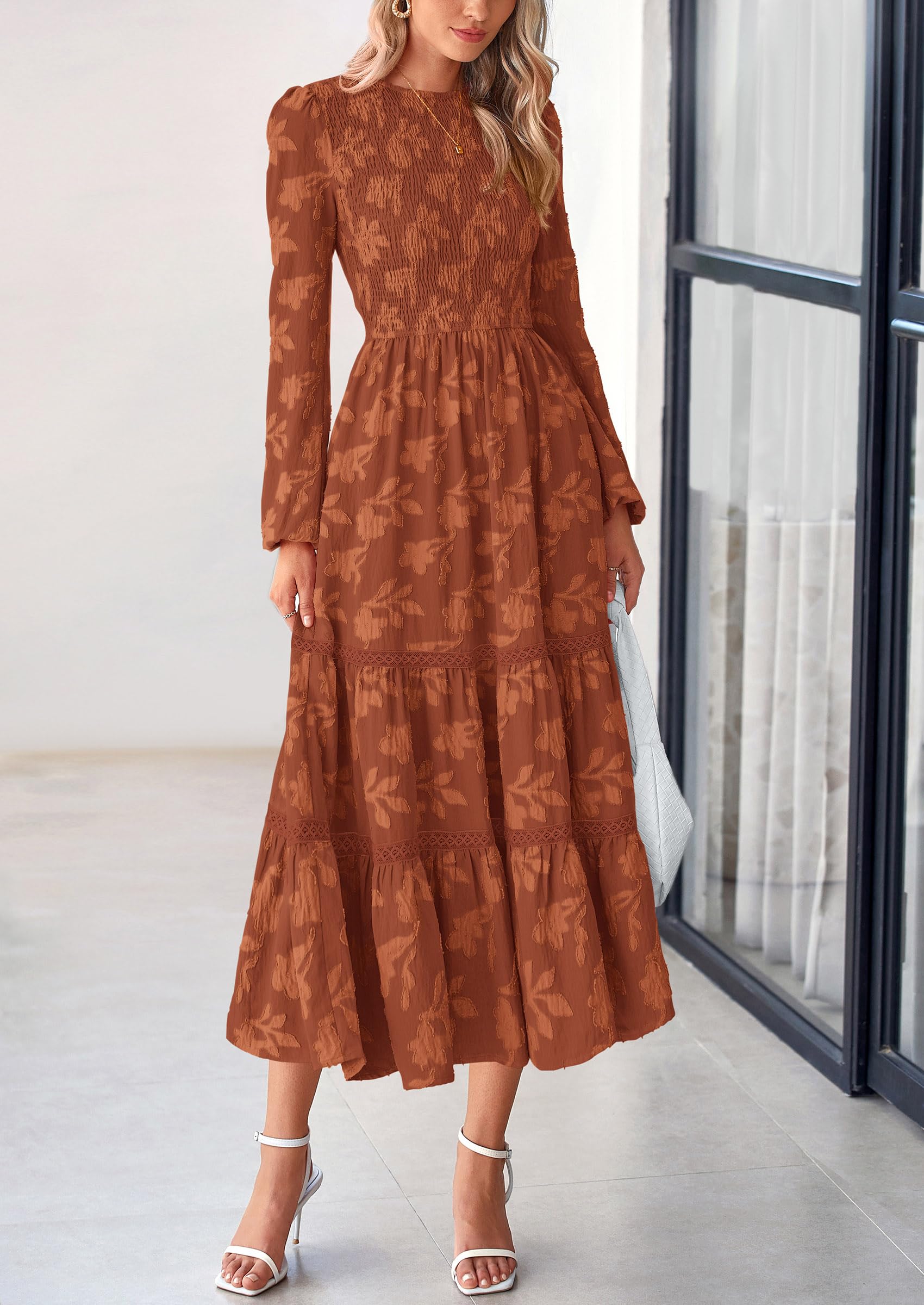 Women's Long Sleeve Boho Floral Midi Dress, Brick Red,S