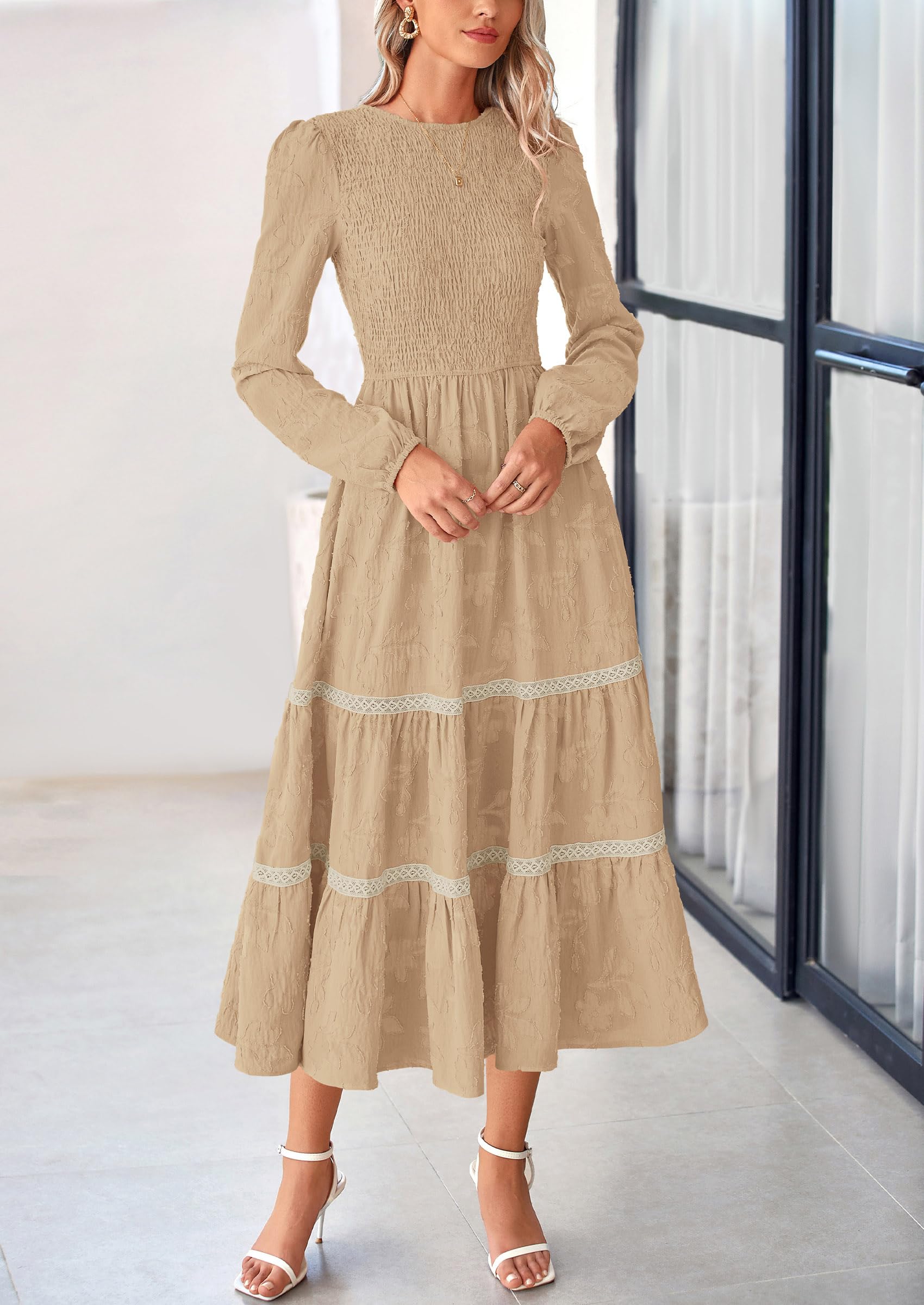 Women's Long Sleeve Boho Floral Midi Dress, Apricot,S