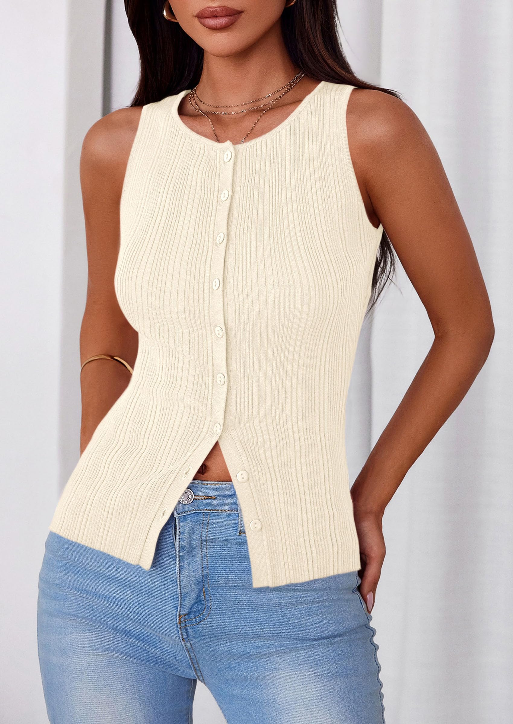 Sleeveless Button Down Shirts for Women Summer 2026 Going Out Ribbed Knit Tank Tops Y2K Clothes Trendy Vest Tops Apricot