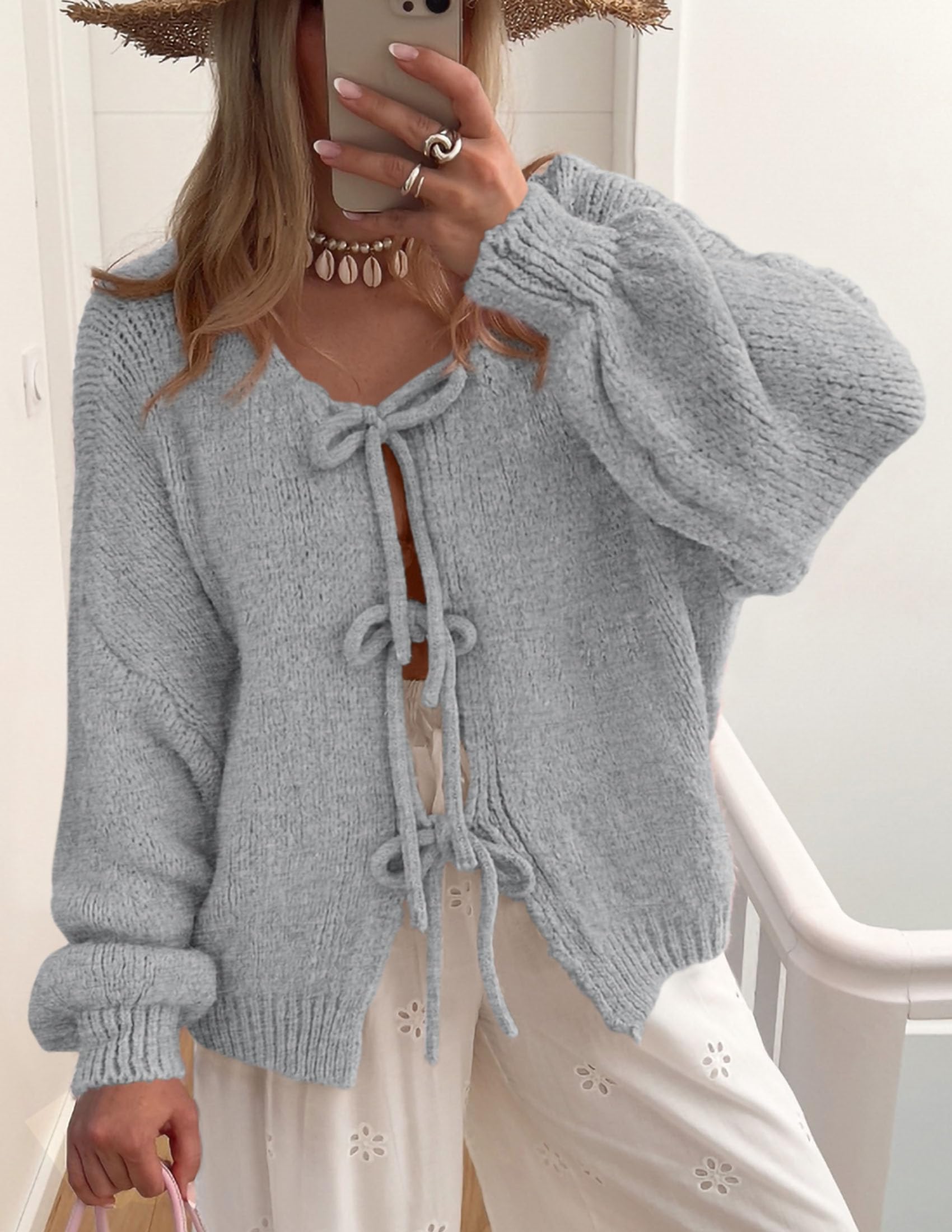 Women's Tie Front Bow Cardigan Sweaters(Light Grey,Small)