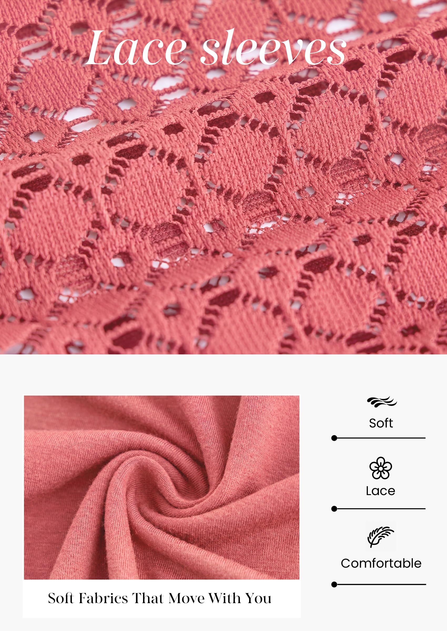Women's Long Sleeve Shirts Fall Lace Tops,Coral Pink,S