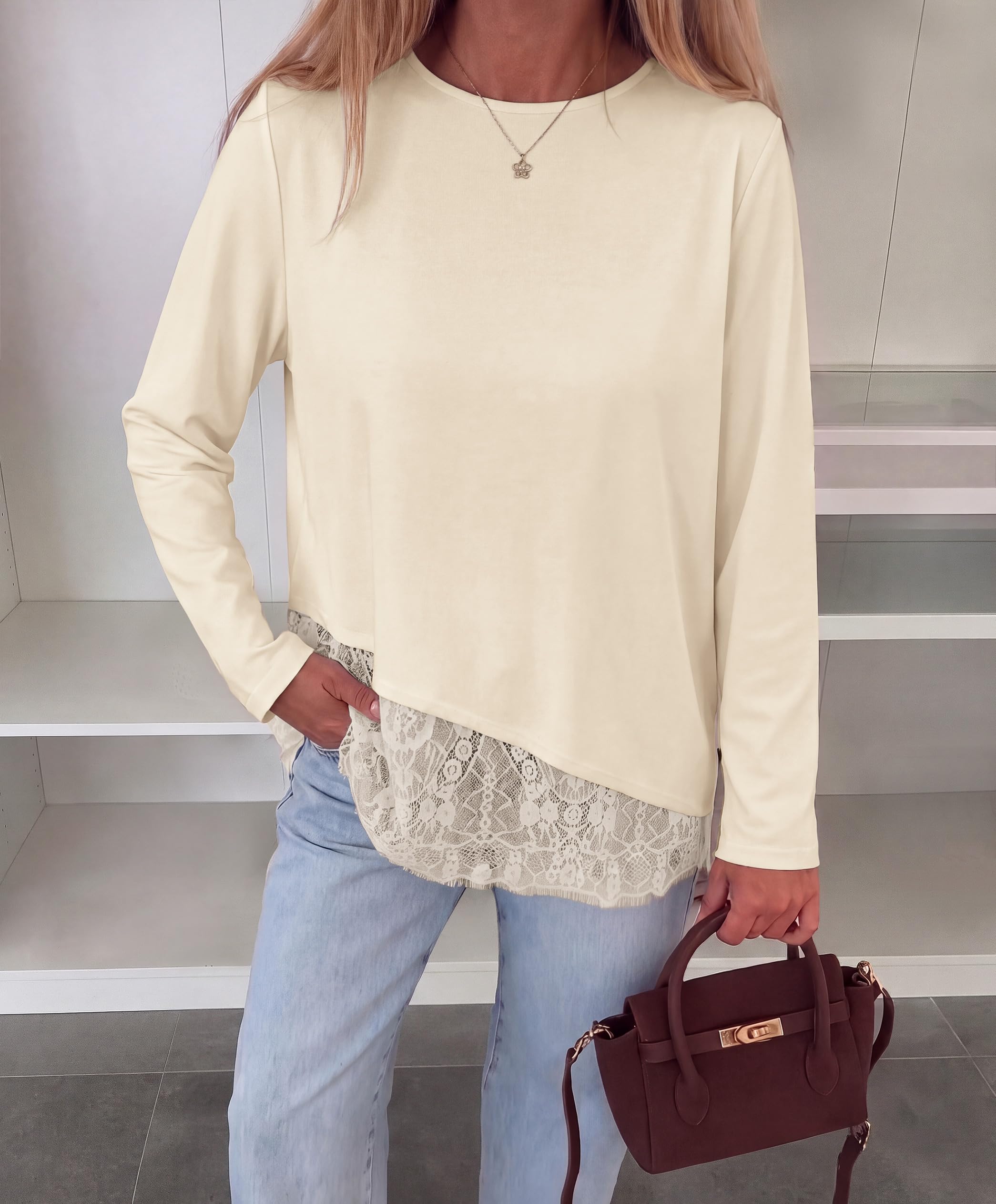 Women's Lace Patchwork Long Sleeve Shirts,Beige,XL
