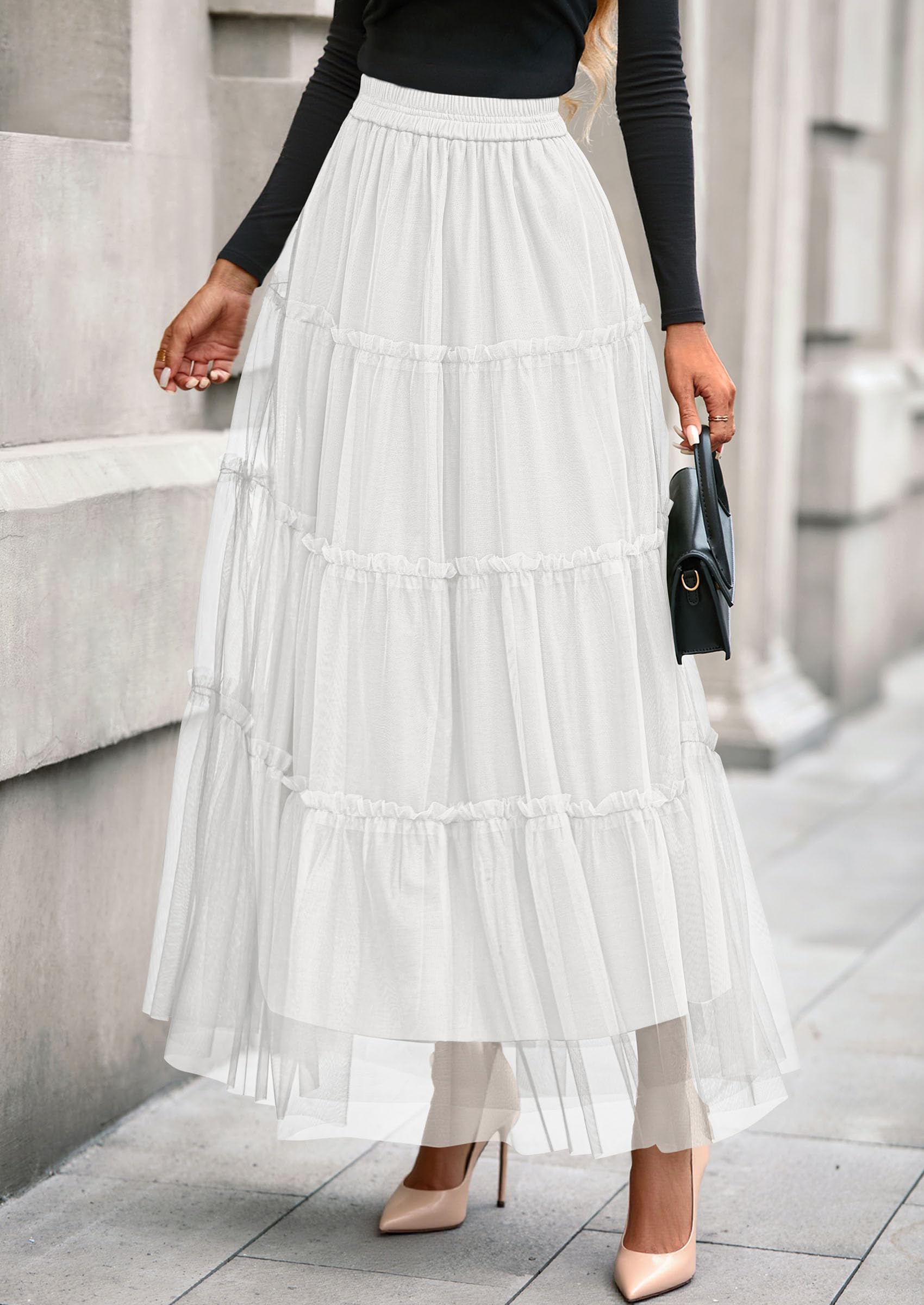 Women's Fall Soft Tulle Tiered Long Skirt,White,S