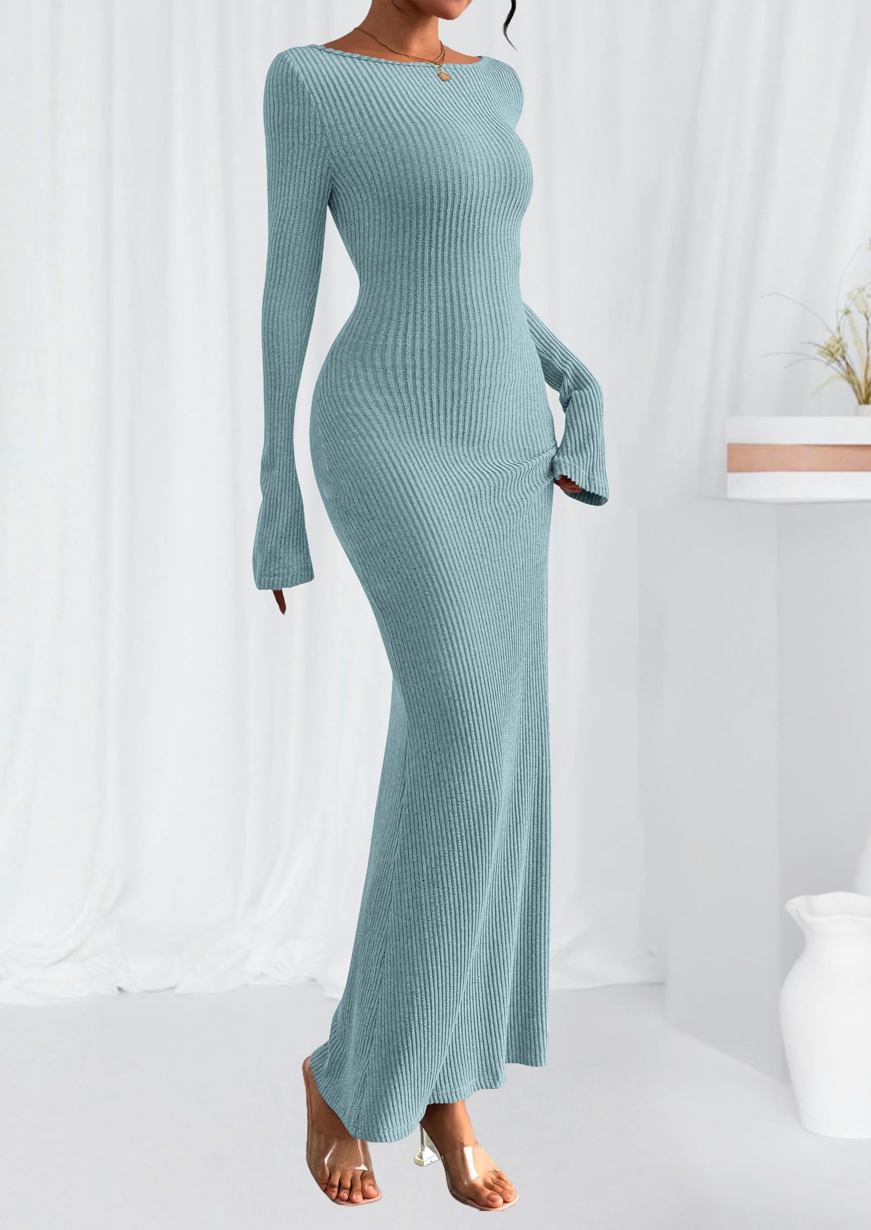 Women's Fall Long Sleeve Bodycon Maxi Dresses (Light Blue,XS)