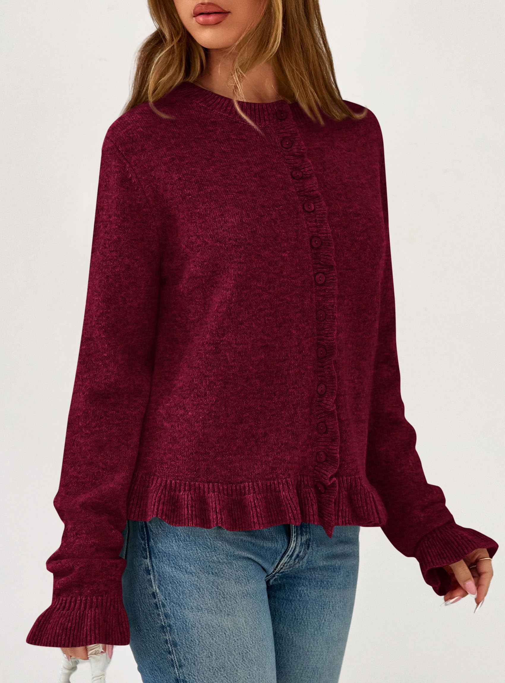 Womens Ruffle Button Down Cardigan Sweaters,Wine Red,S