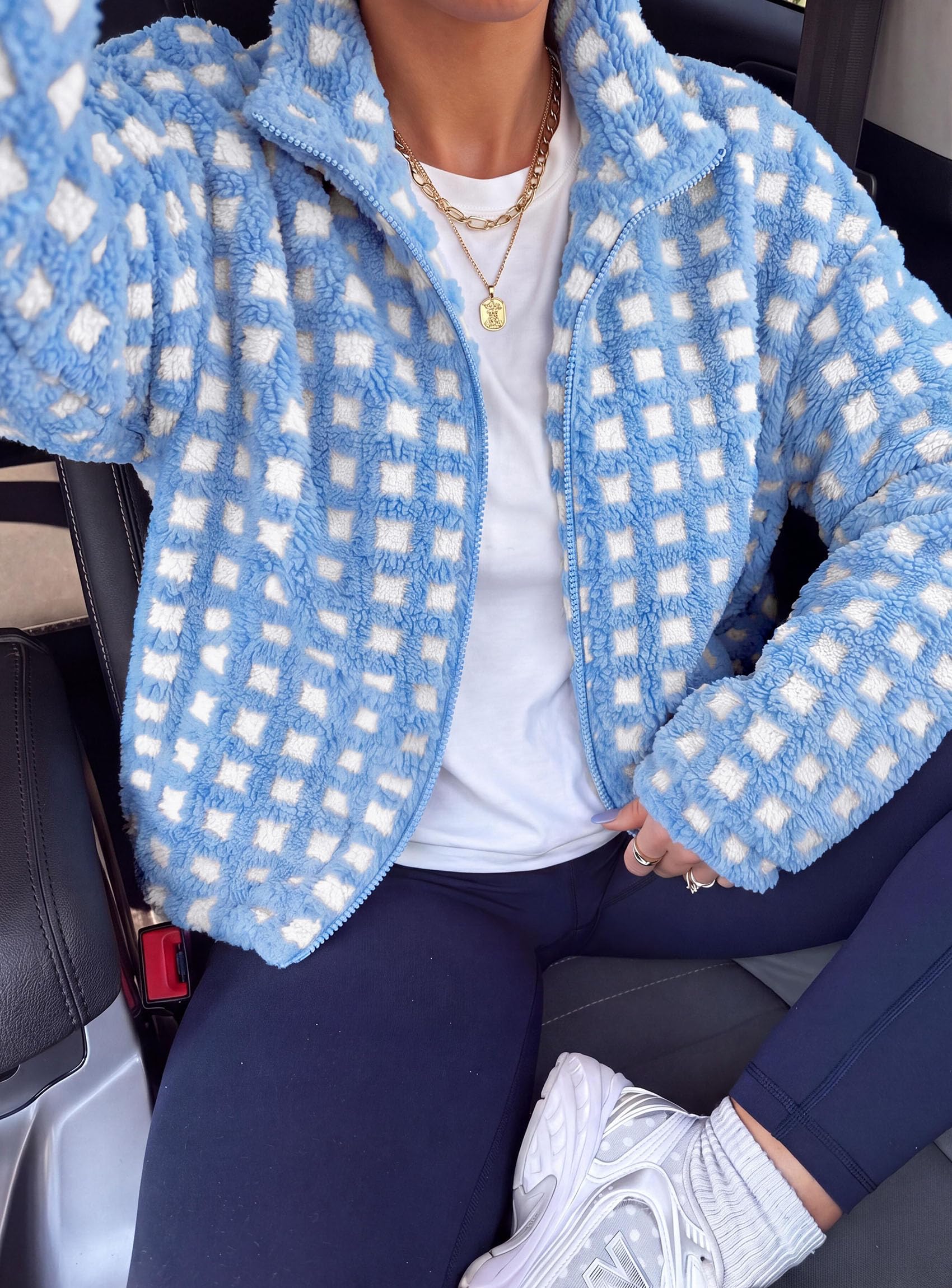 Women's Gingham Sherpa Fleece Jacket Plaid Cropped Teddy Coat