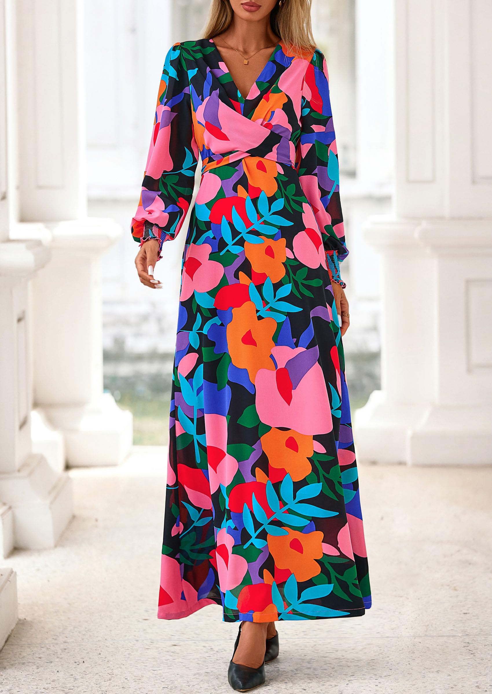 Women's Tie Waist Floral Maxi Dress,Floral Black,S