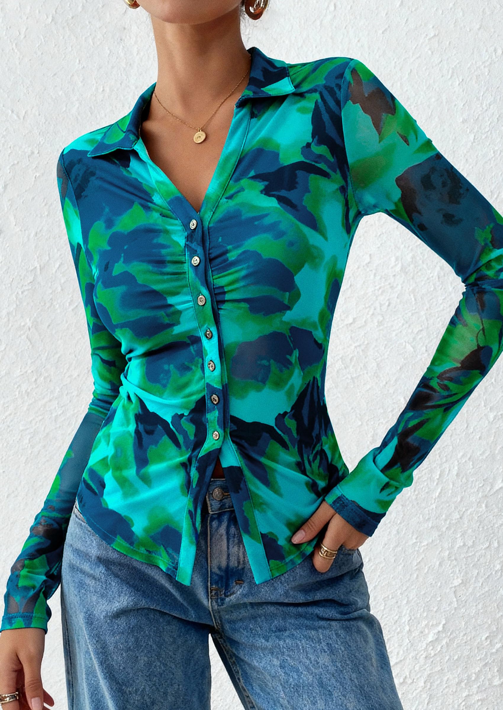 Women's Button Down Shirts Boho Mesh Floral Going Out Tops