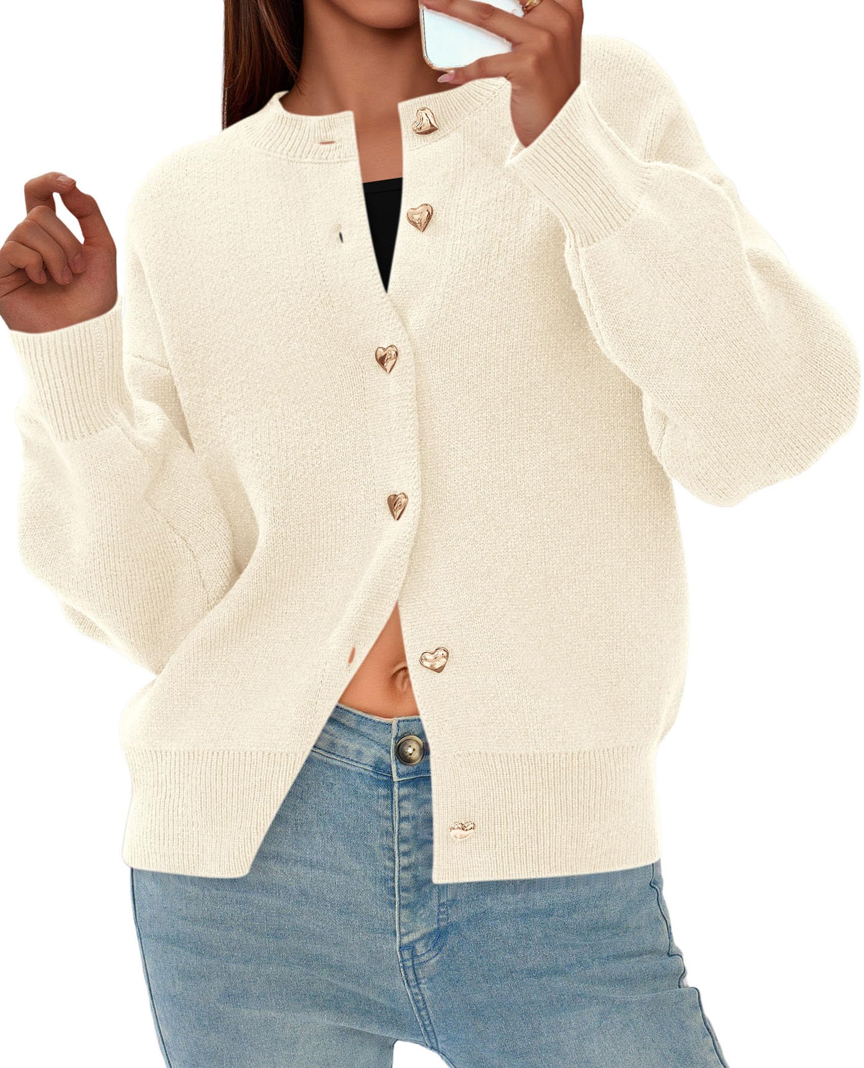 Women's Long Sleeve Button Up Cardigan,Beige,M