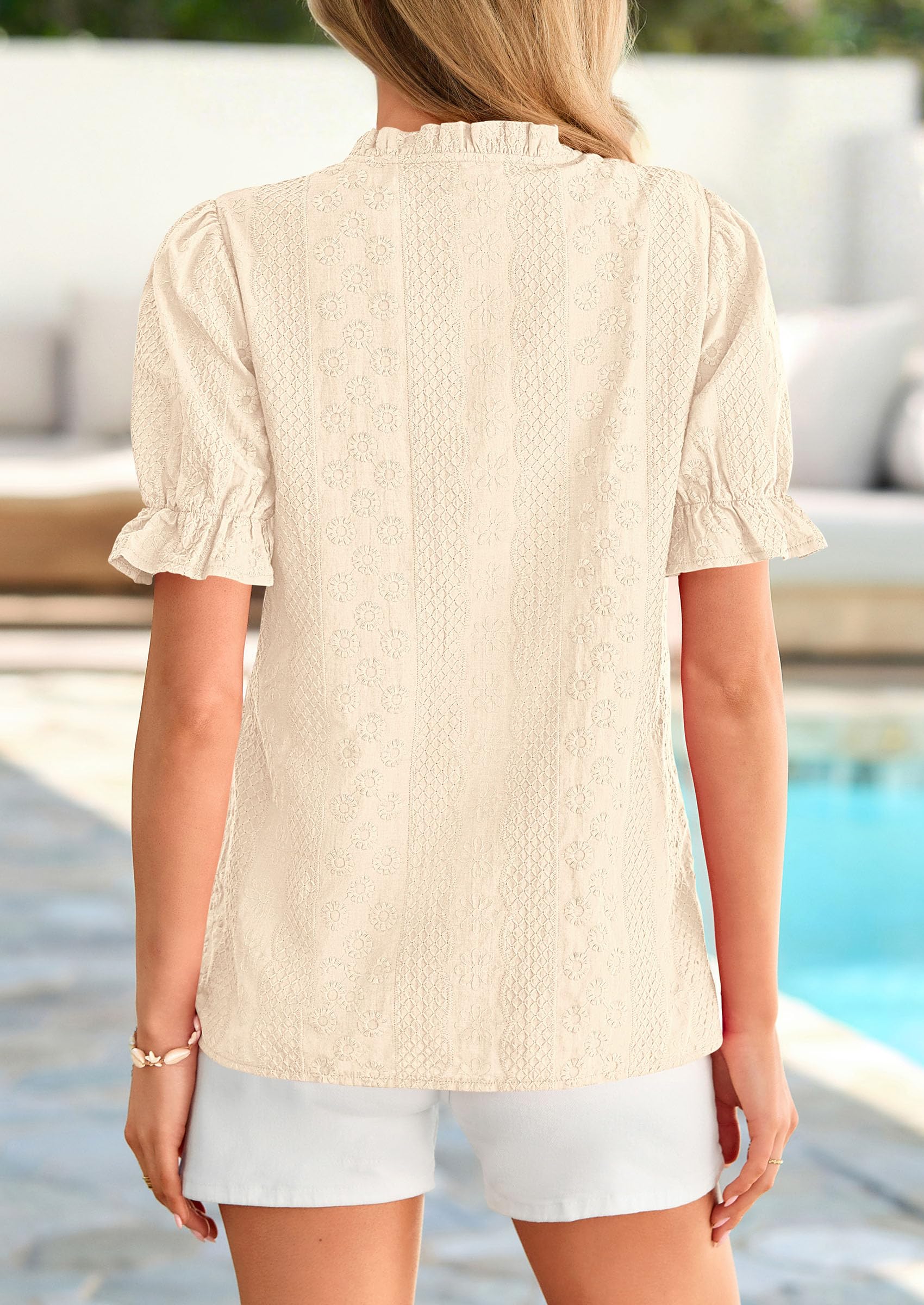 Womens Embroidered Puff Short Sleeve Tops,Apricot,S