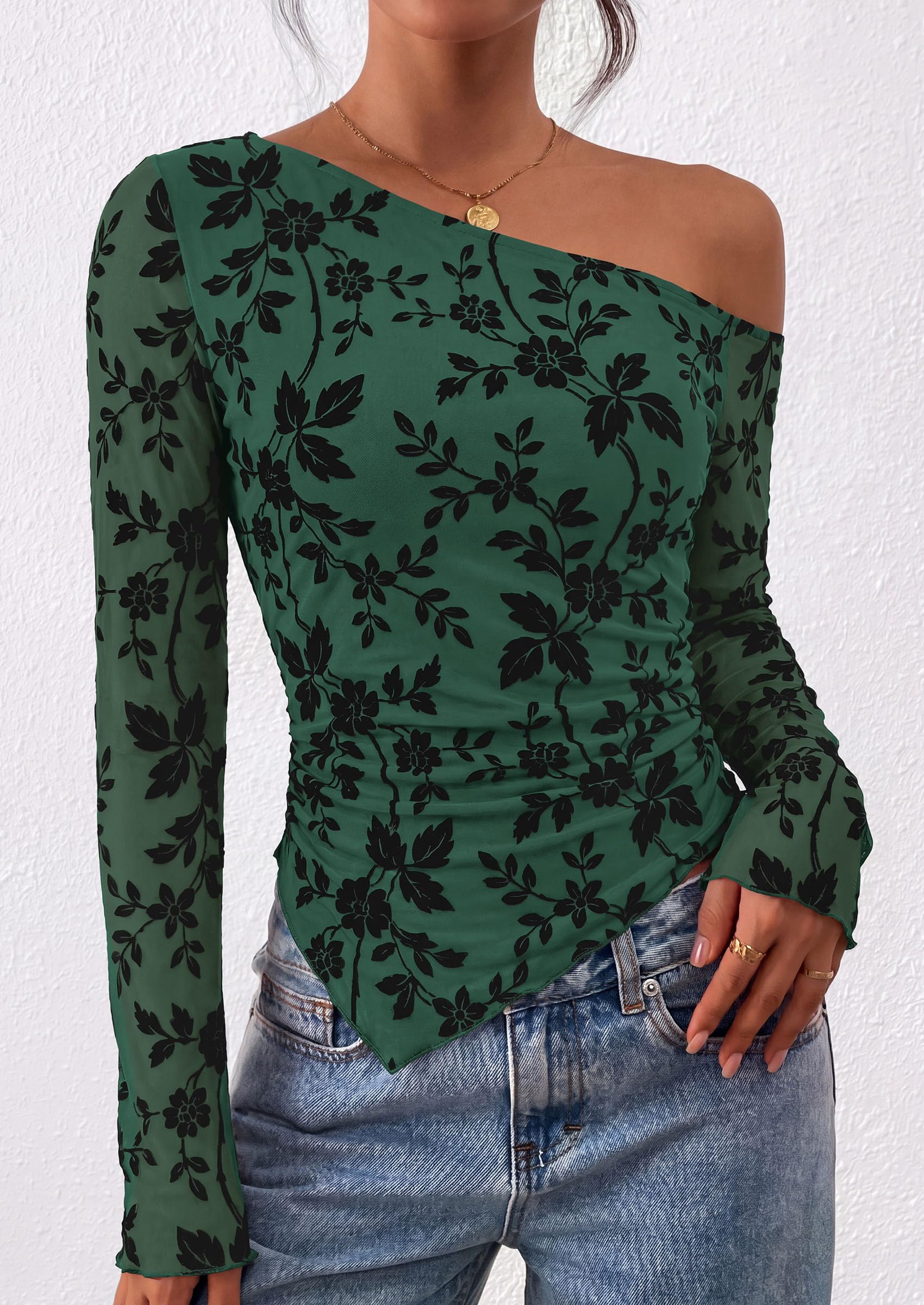 Womens Off Shoulder Mesh Y2k Tops,Dark Green,XS