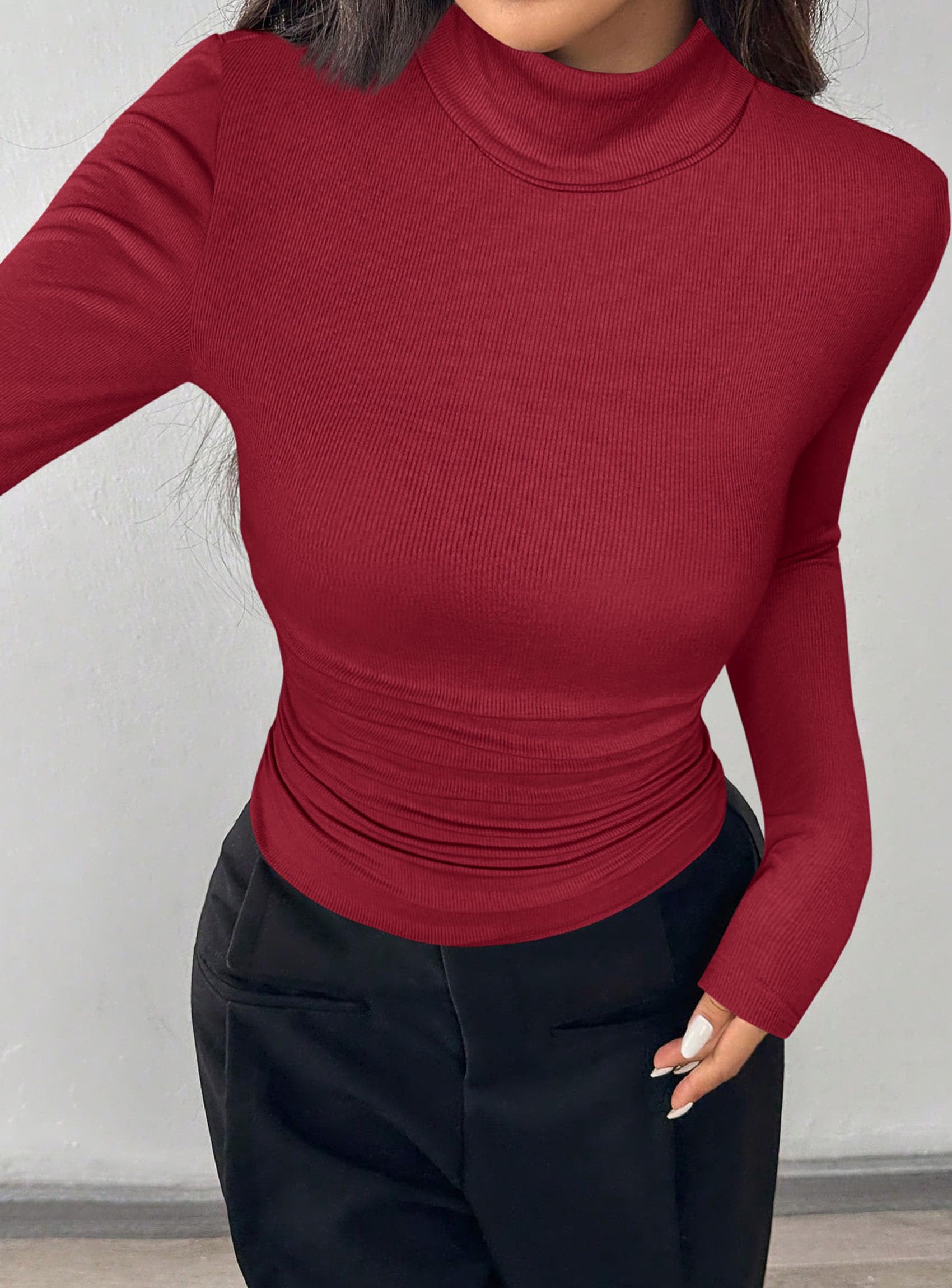 Turtleneck Tops for Women Long Sleeve Shirts, Red, XS