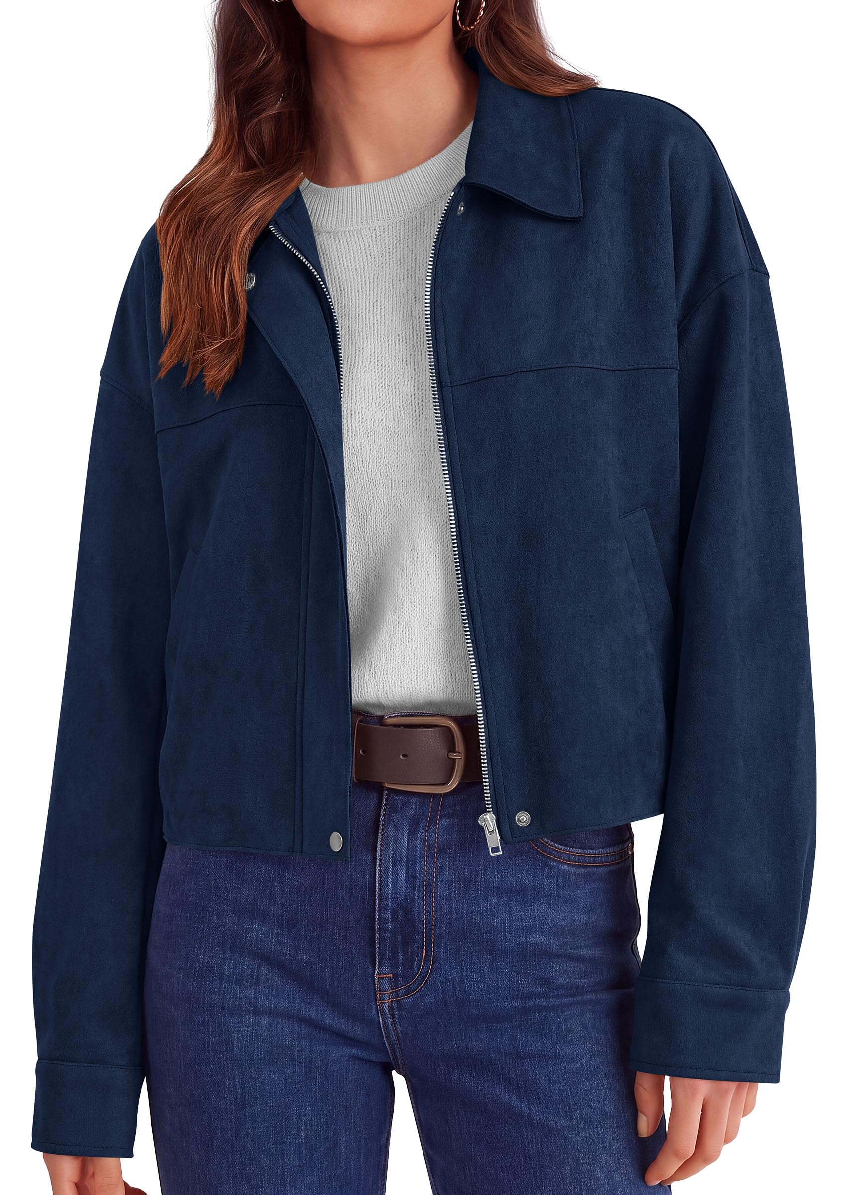 Women's Faux Suede Cropped Fall Jackets,Navy,S