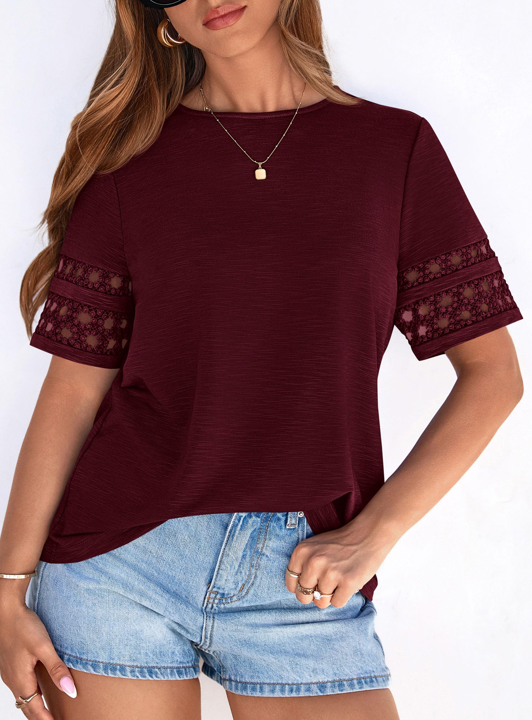 Women's Summer Short Sleeve Lace Trim T-Shirts,Burgundy,S