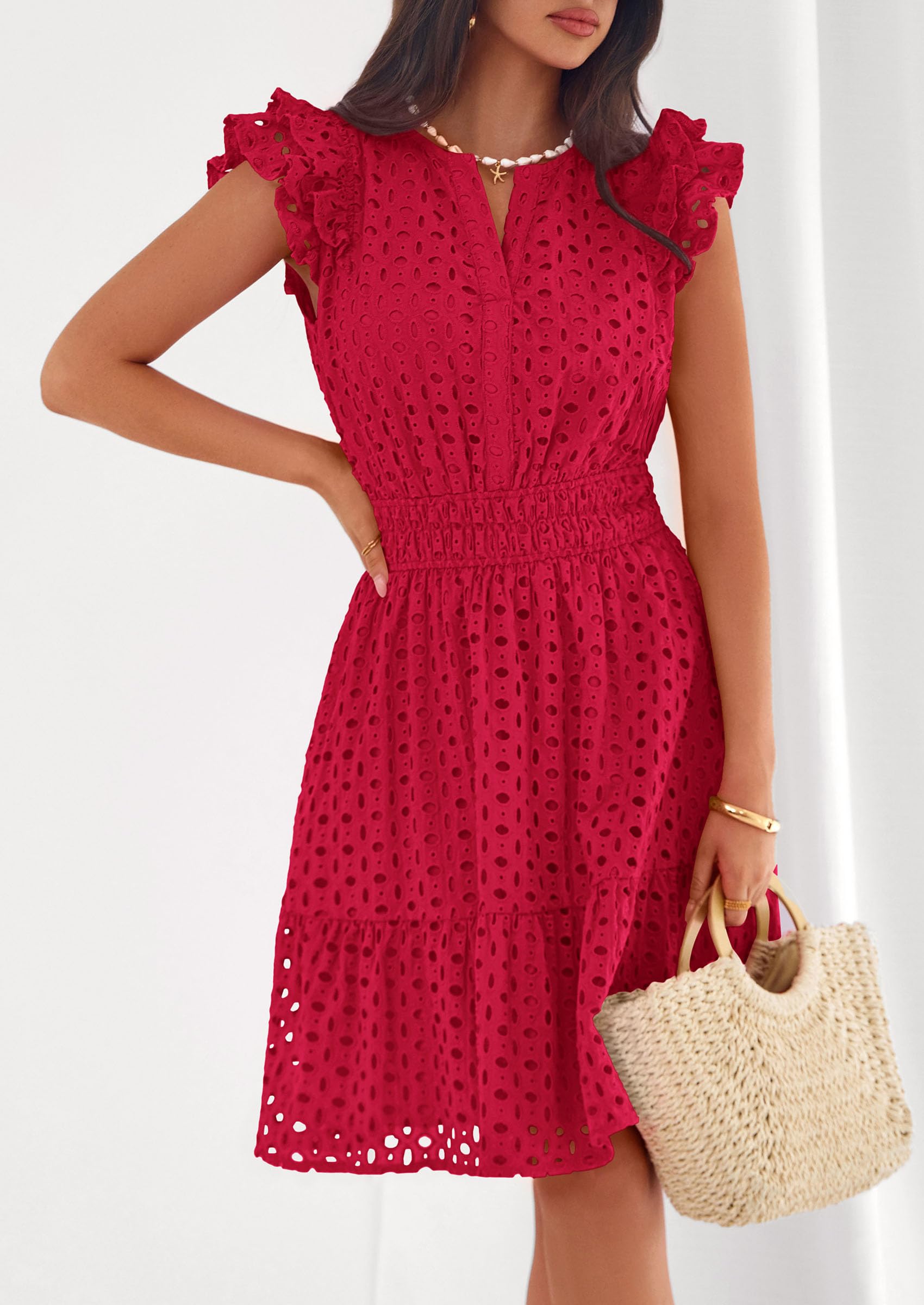 Women's Summer V Neck Eyelet Short Dress (Red,Small)