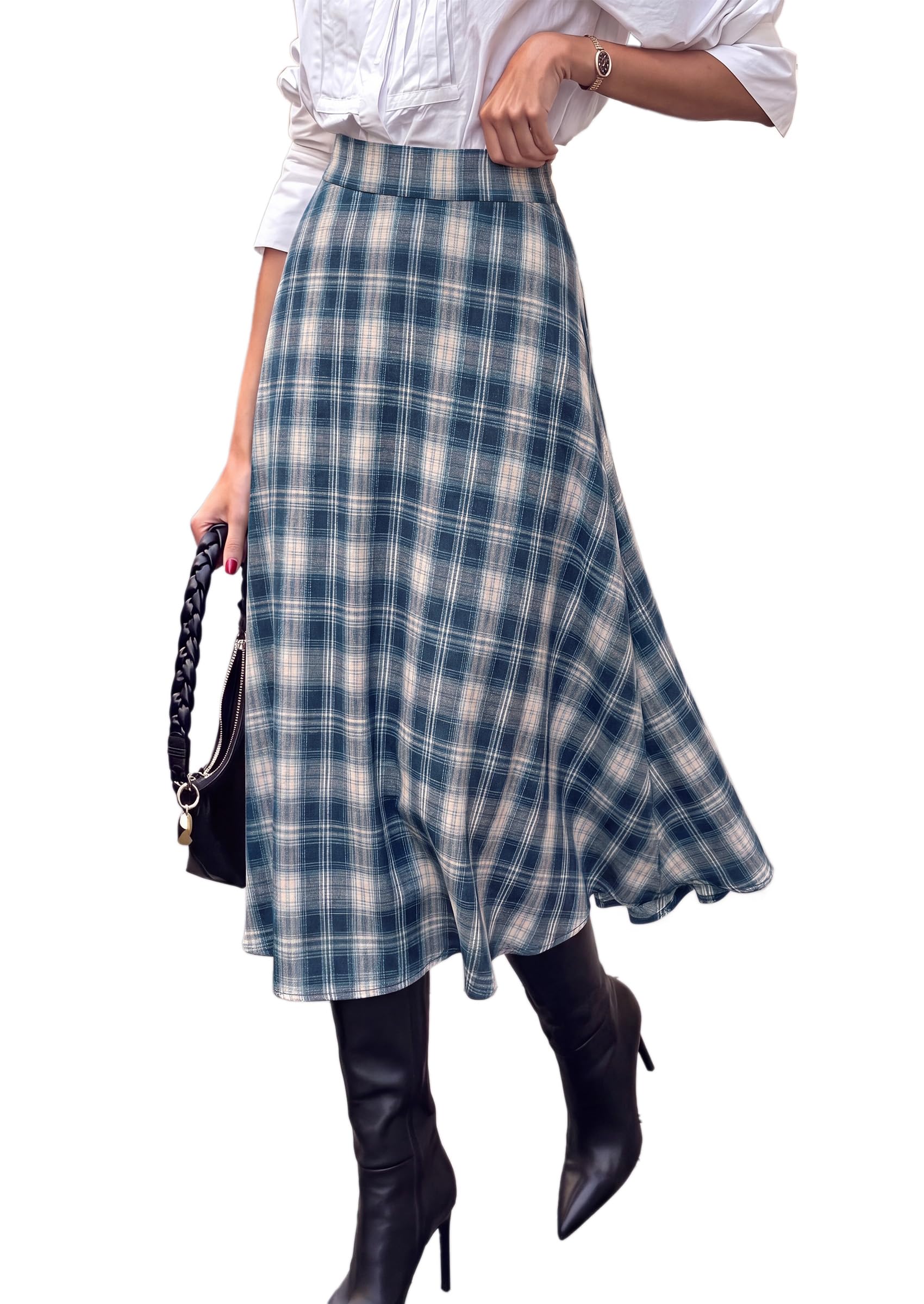 Women's Plaid High Waisted A-Line Midi Skirts,Dusty Blue,S