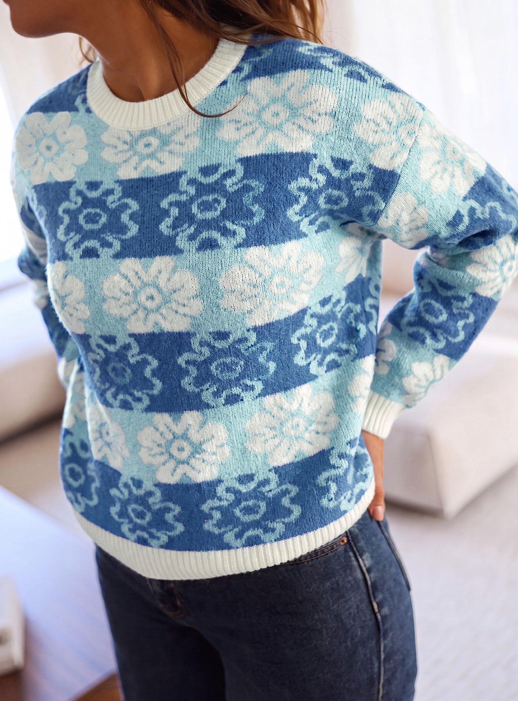 Women's Floral Crewneck Sweater Knit Pullover,Grey Blue,S
