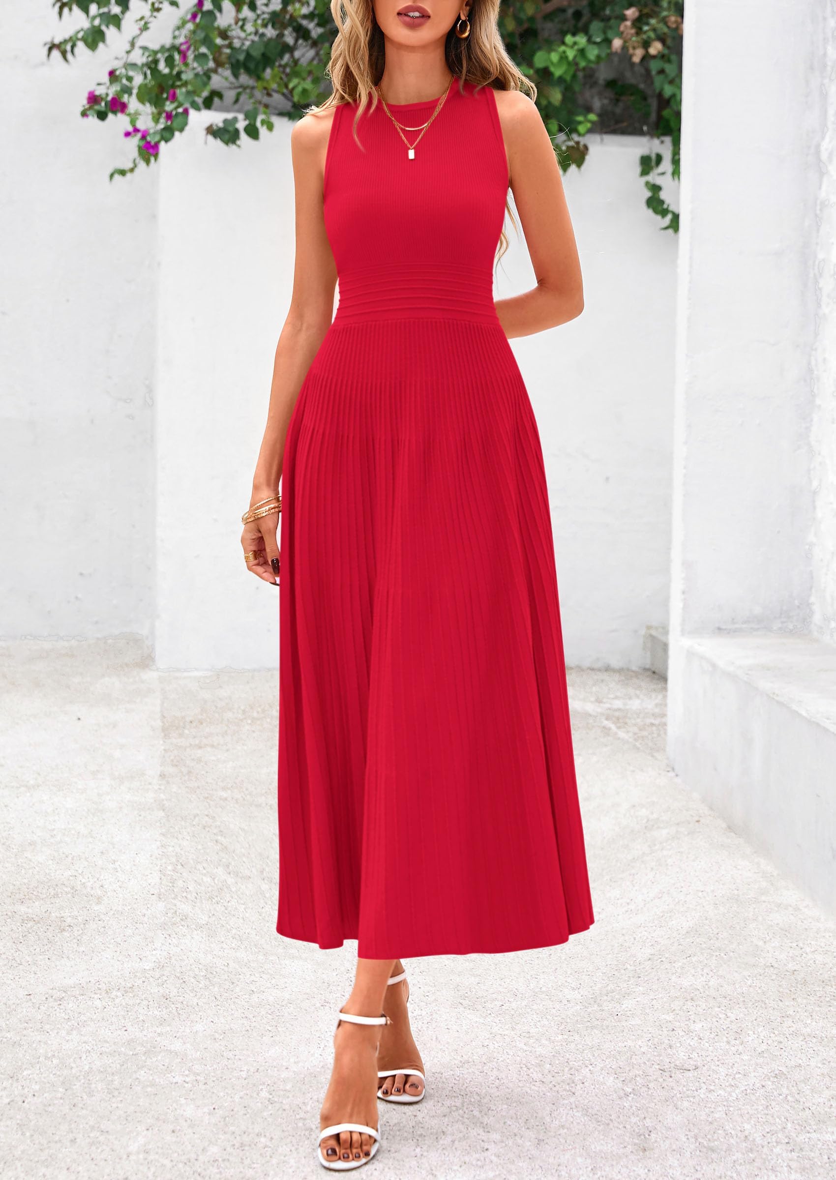 Women's Summer Pleated Midi Work Dress,Red,S