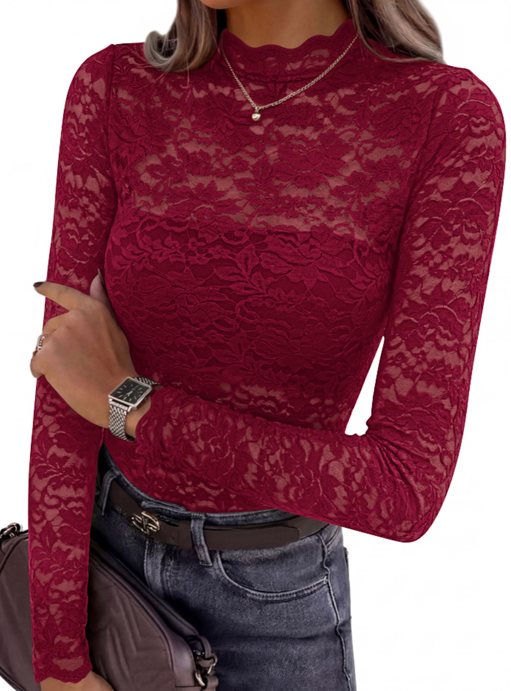 Womens Lace Long Sleeve Tops Sheer Mesh Blouse Wine Red,S
