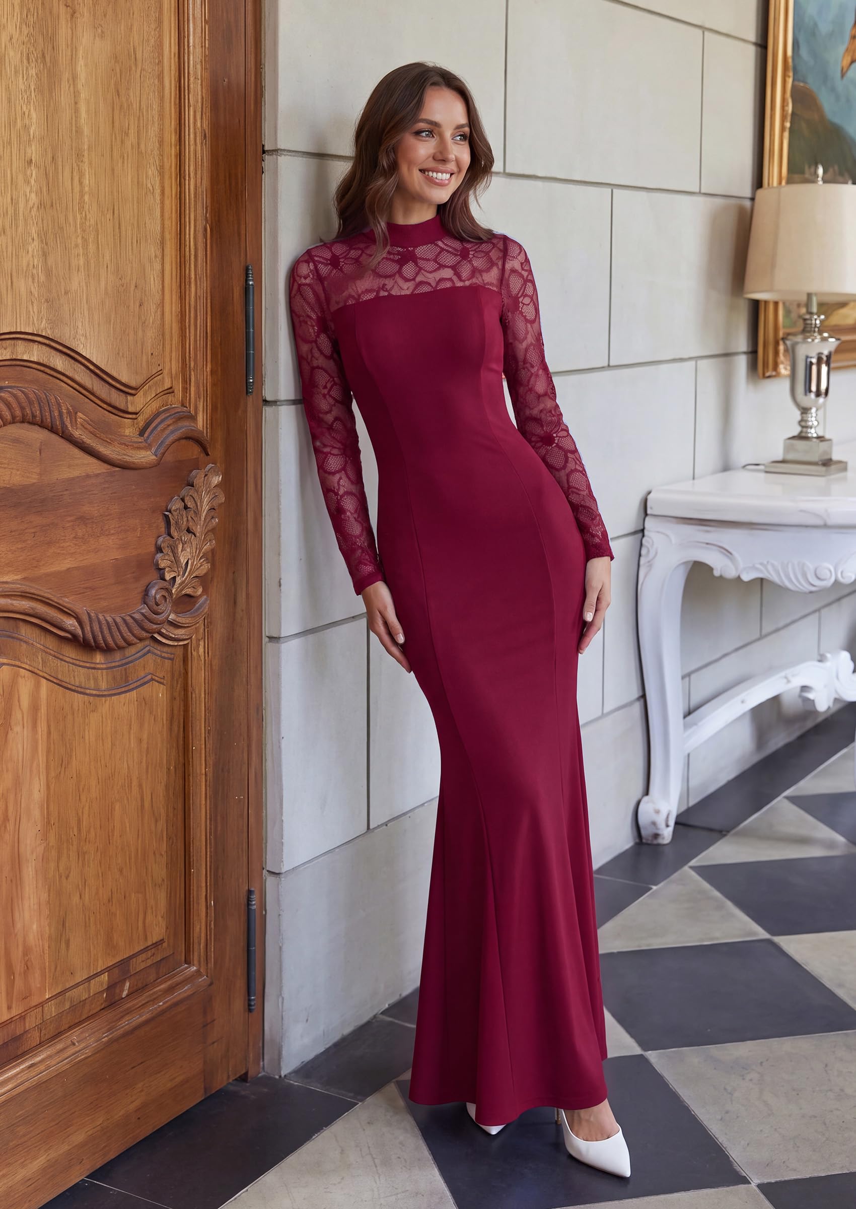 Women's Fall Lace Sheer Dress Bodycon Maxi Cocktail Dresses