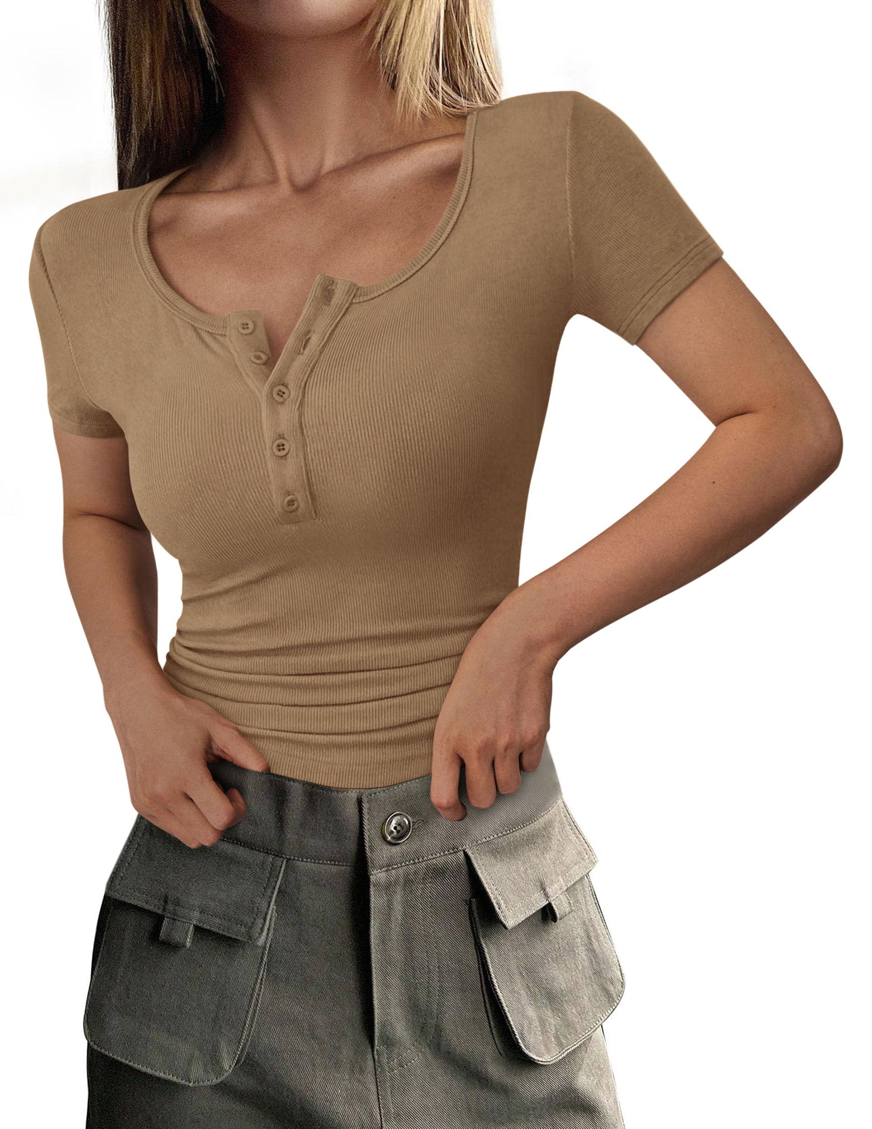 Women's Summer Tops Henley Tee Shirts (Light Khaki,X-Small)