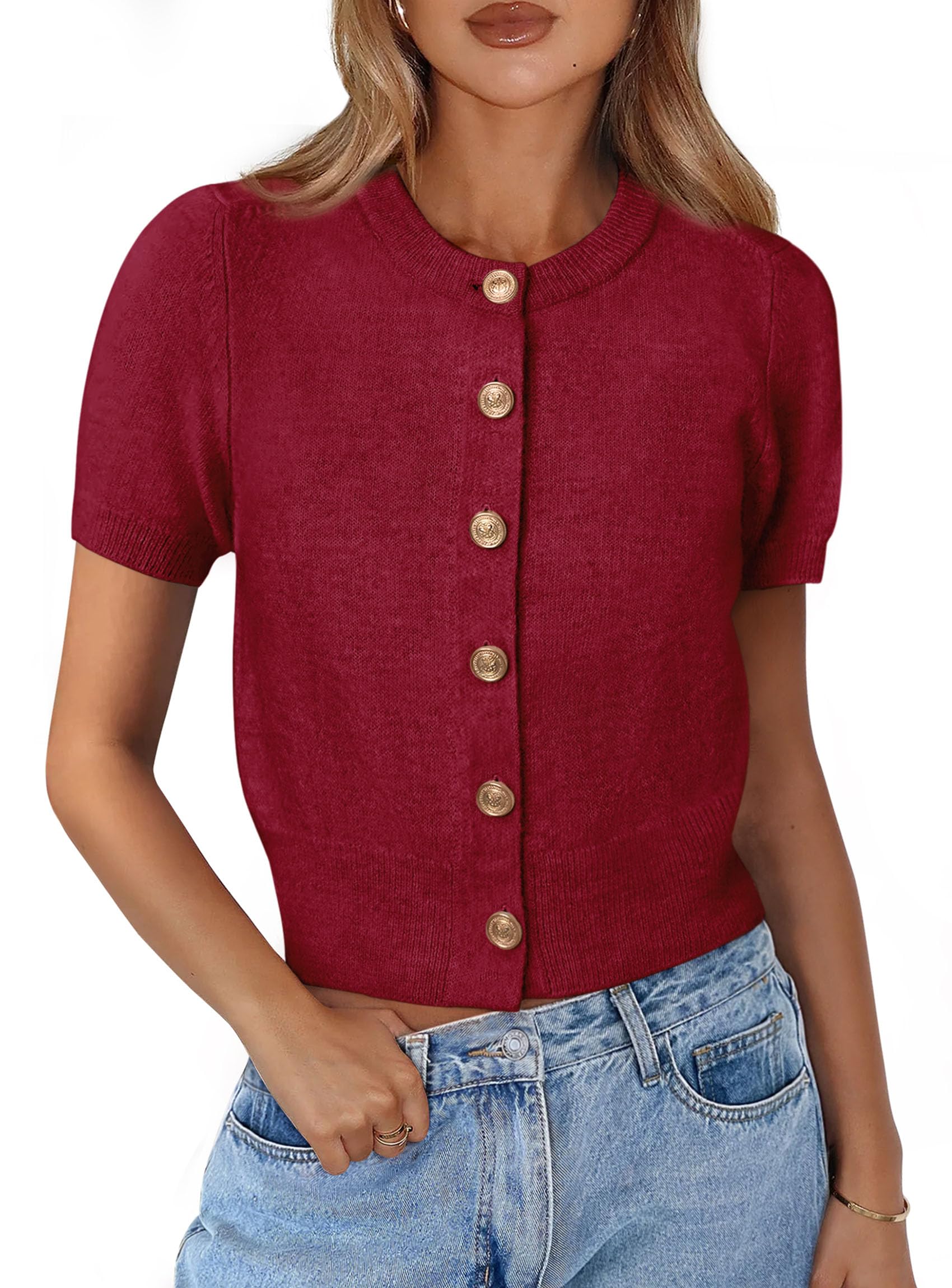 Womens Summer Cardigan Short Sleeve Sweater,Wine Red,S