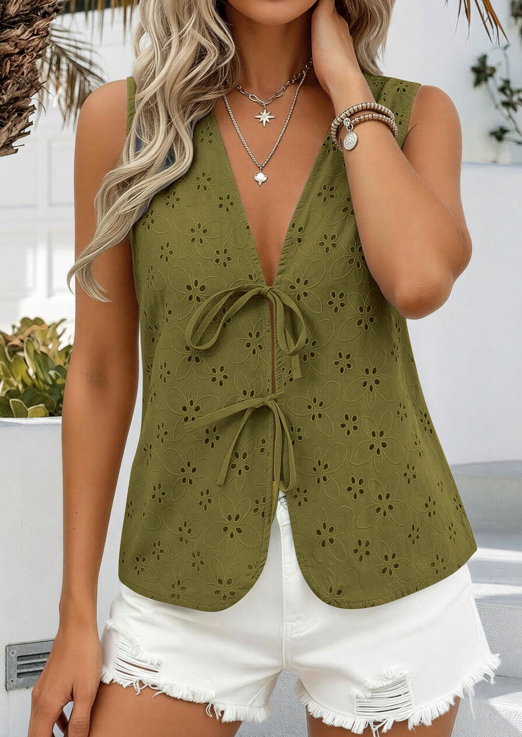 Women's Summer Eyelet Lace Tie Front Vest Tops (Army Green,S)