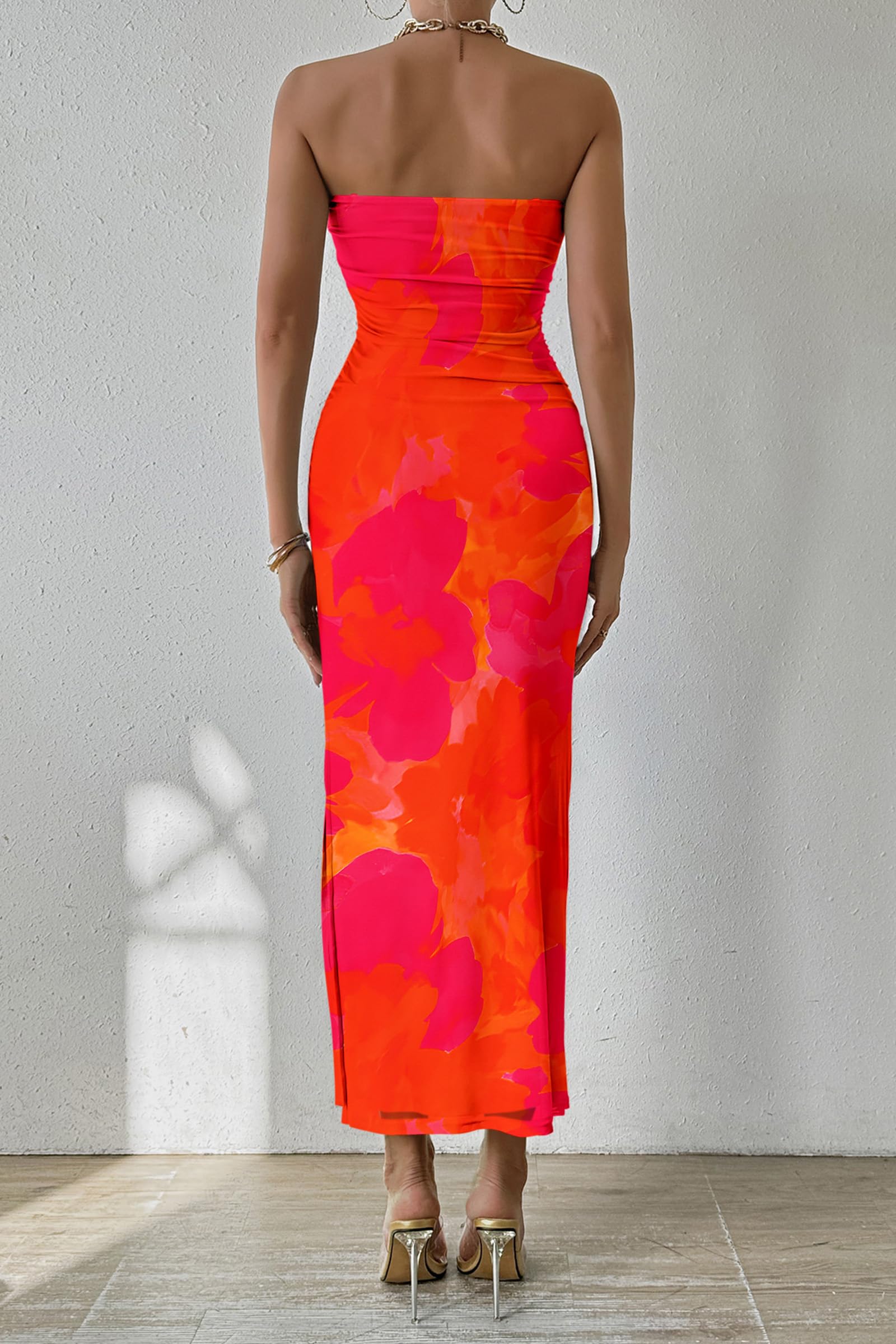 Womens Strapless Bodycon Maxi Dress, Orange Red Big Floral,S