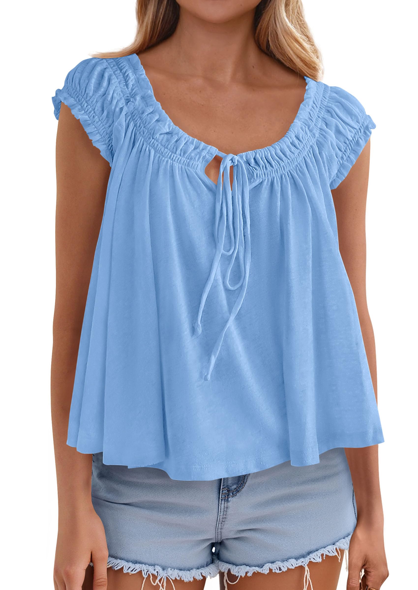 Womens Summer Tank Tops Babydoll Peplum Blouses,Light Blue,XS