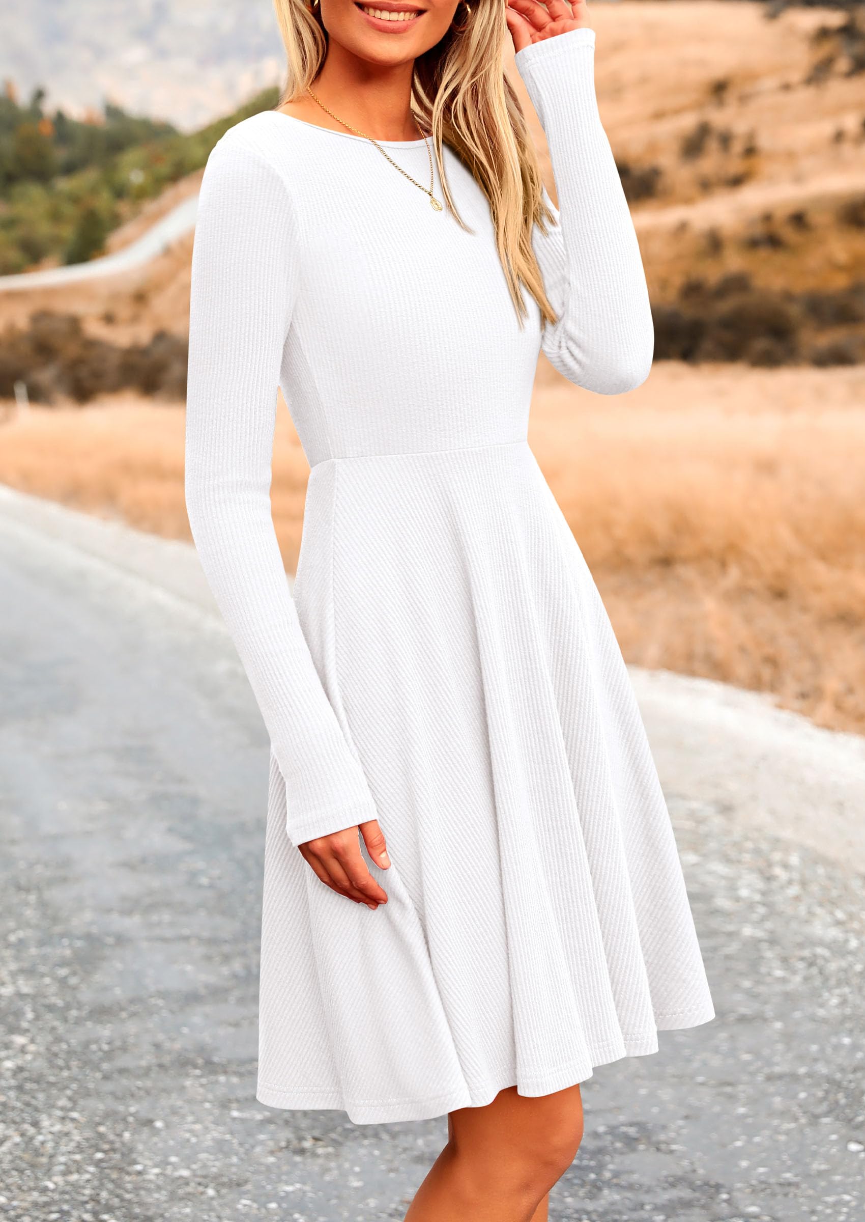 Women's Fall Casual Long Sleeve Short Dress (White,XL)