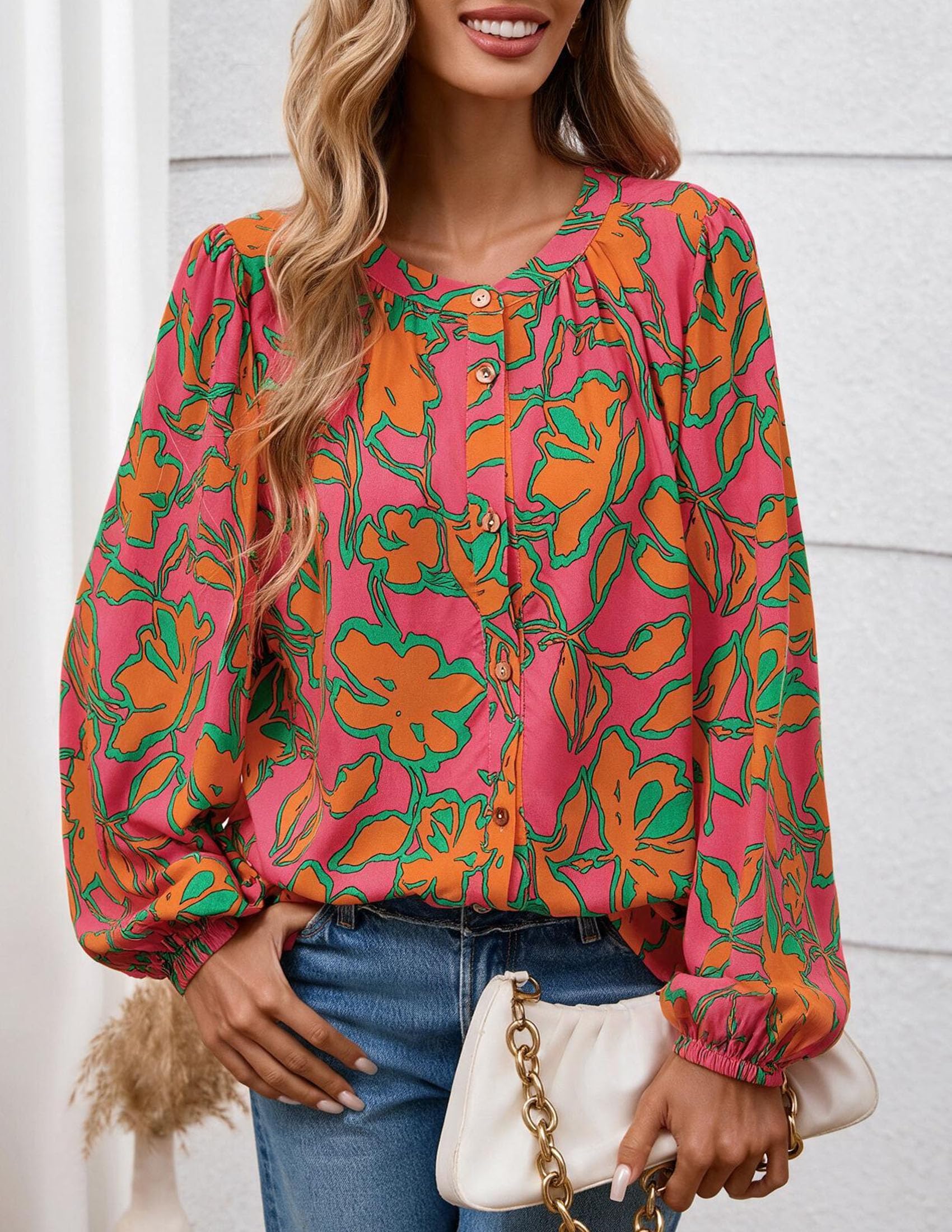 Women's Boho Tops Fall Long Sleeve Button Down Floral Blouses