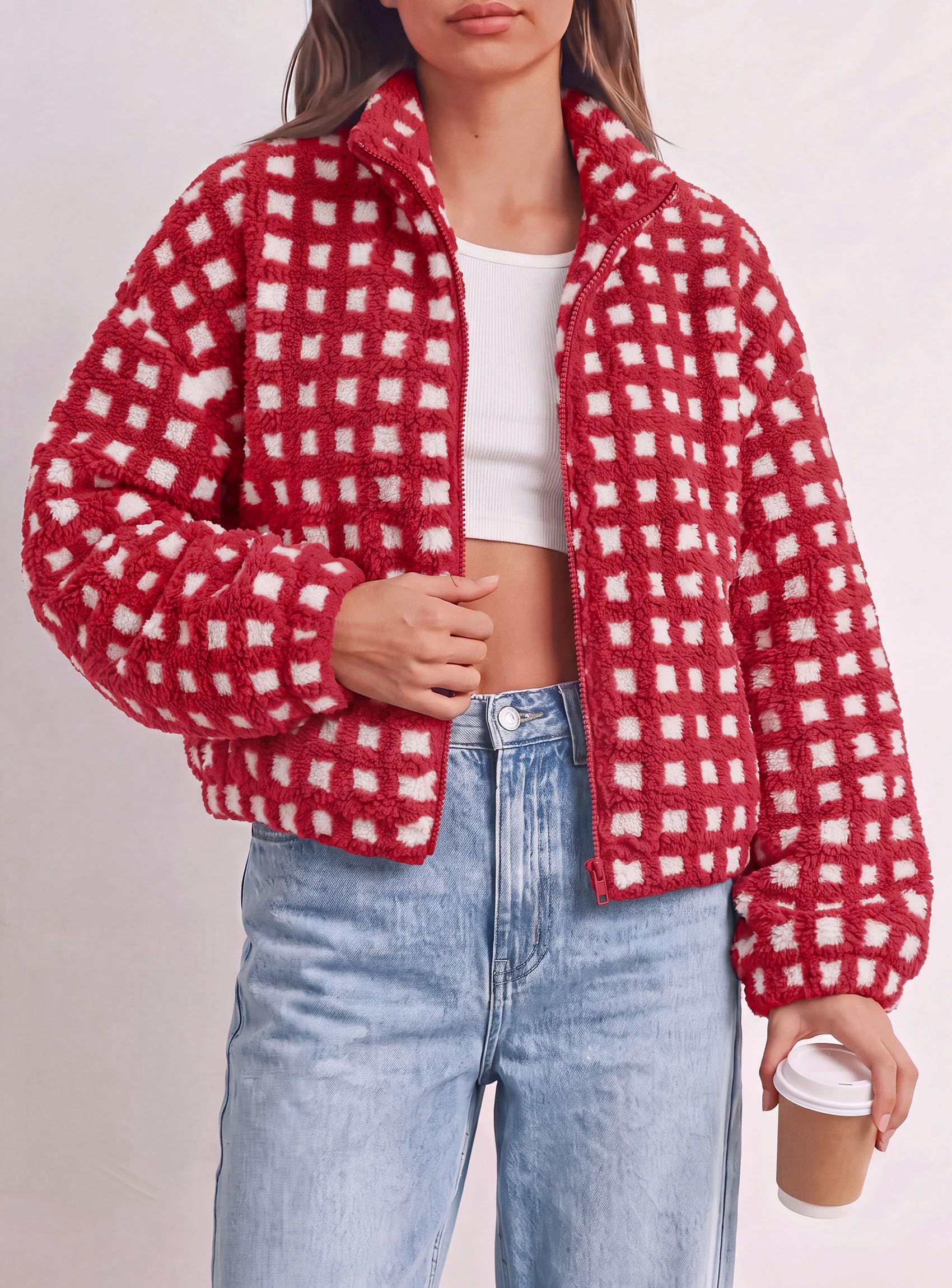 Women's Gingham Sherpa Fleece Jacket Plaid Cropped Teddy Coat
