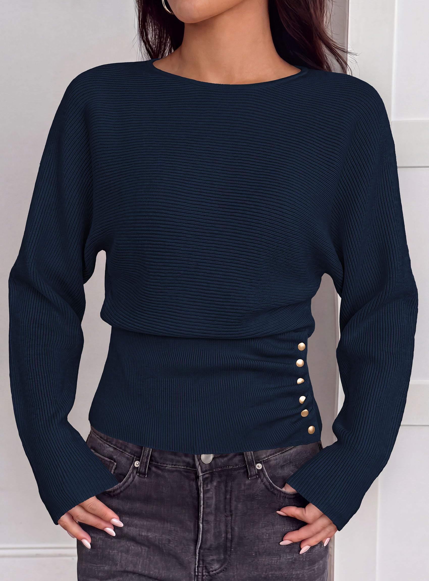 Batwing Sleeve Sweaters for Women Pullover Fall Clothes Navy