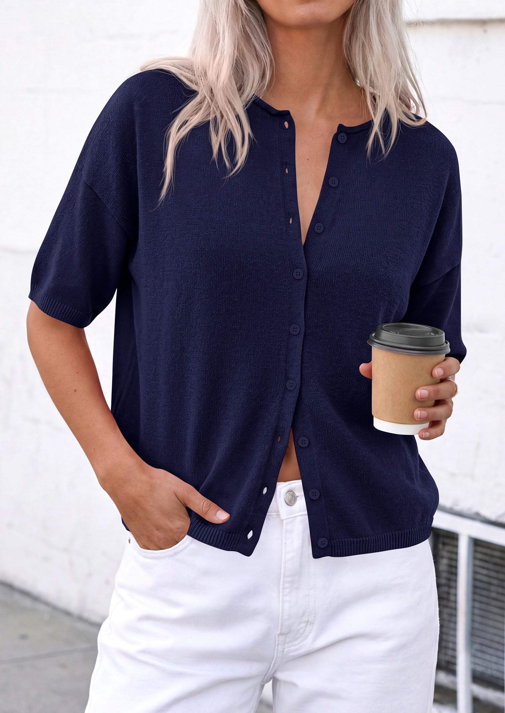 Women's Short Sleeve Cardigan Sweaters (Navy Blue,Small)