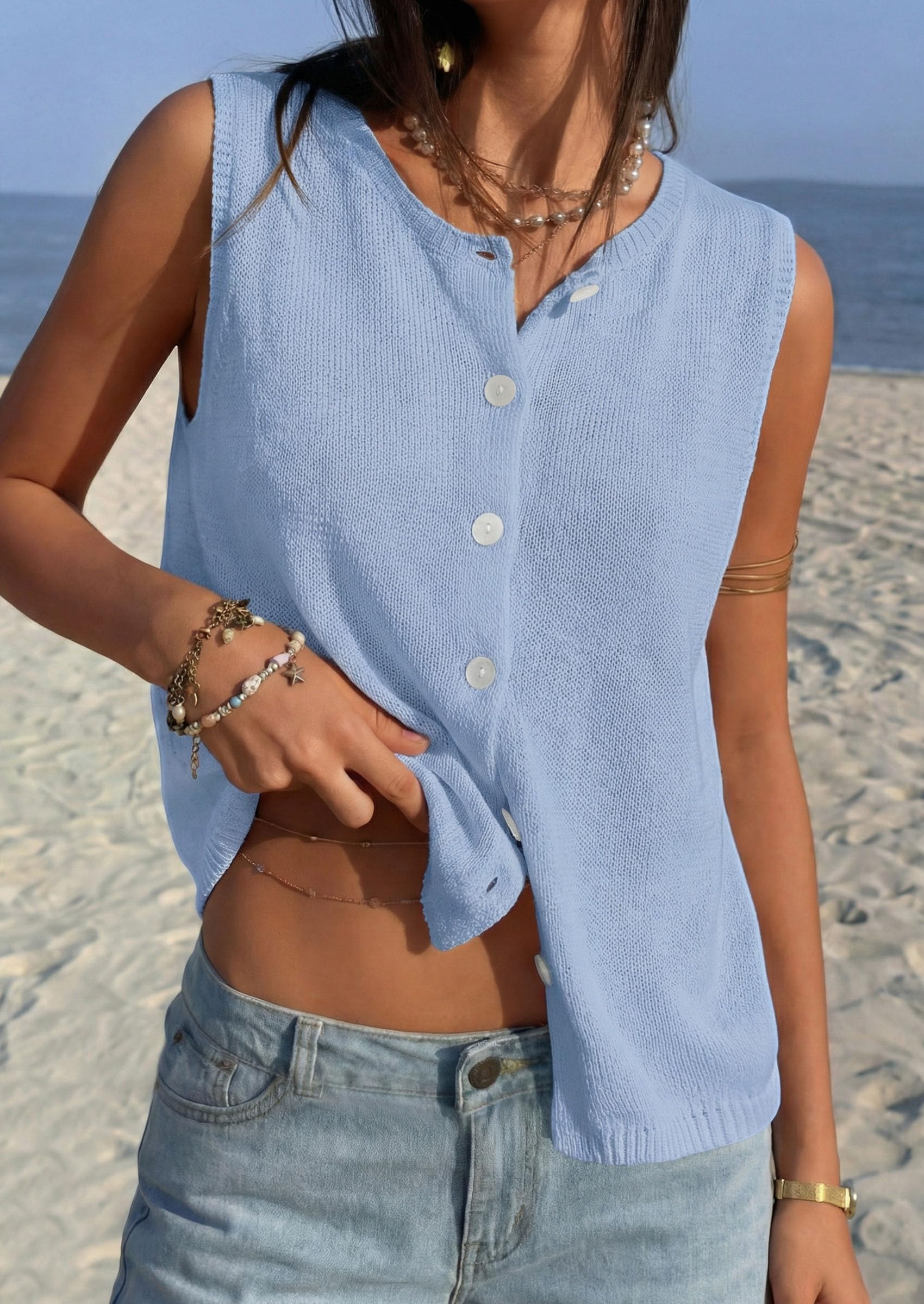 Women's Summer Button Up Sweater Vest Tops,Light Blue,S