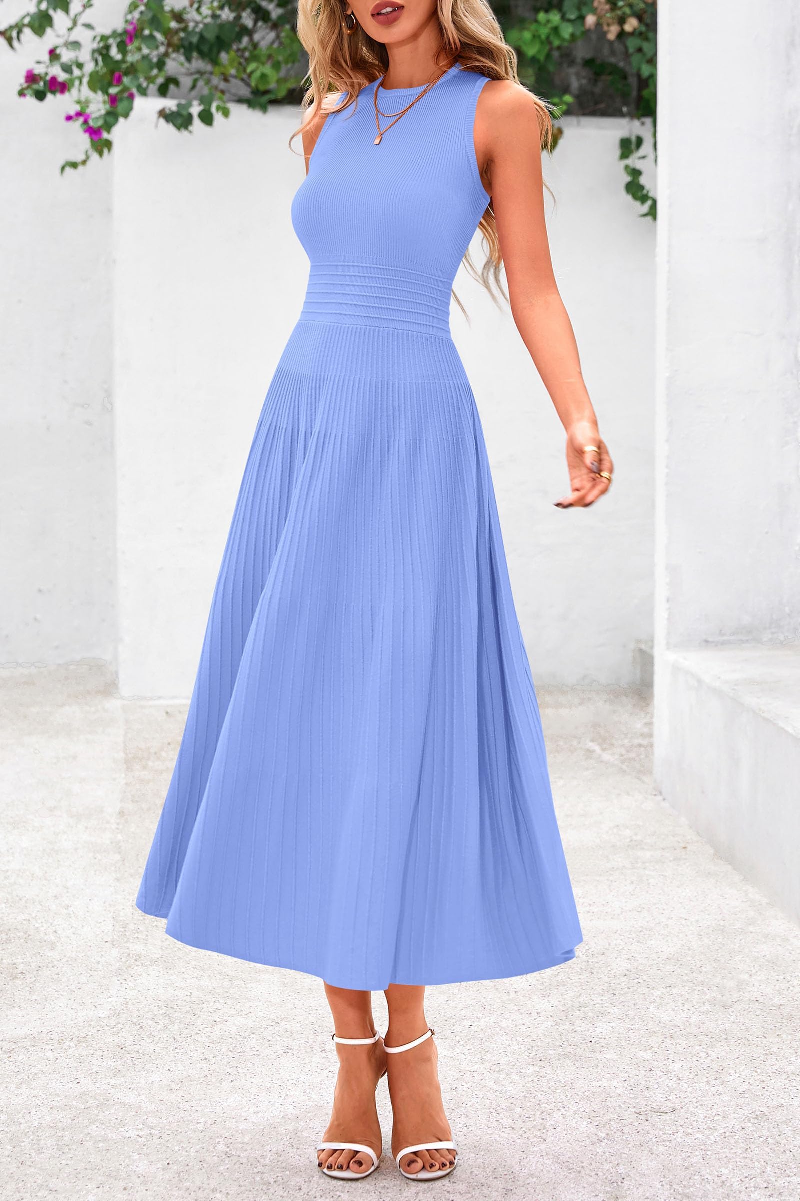 Women's Summer Pleated Midi Work Dress,Sky Blue,M