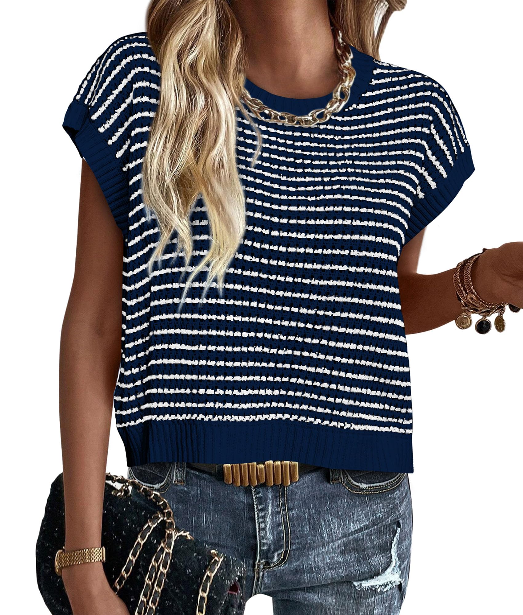 Women's Striped Short Sleeve Sweater Vest Navy,S