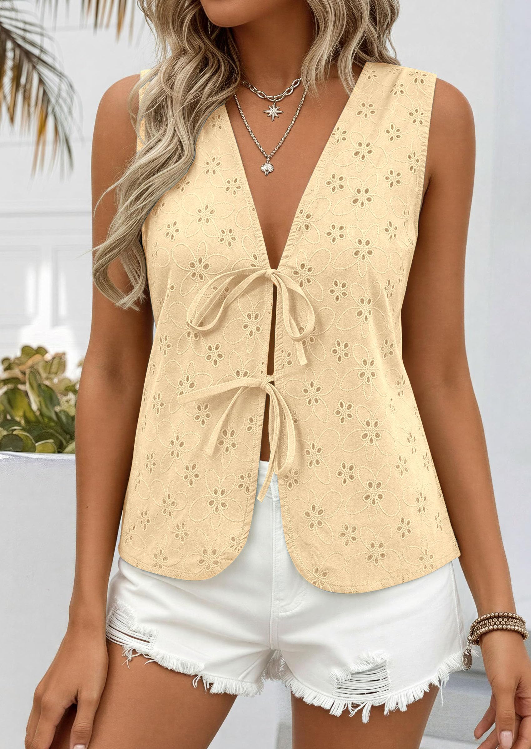 Women's Summer Eyelet Lace Tie Front Vest Tops Beige Yellow,S