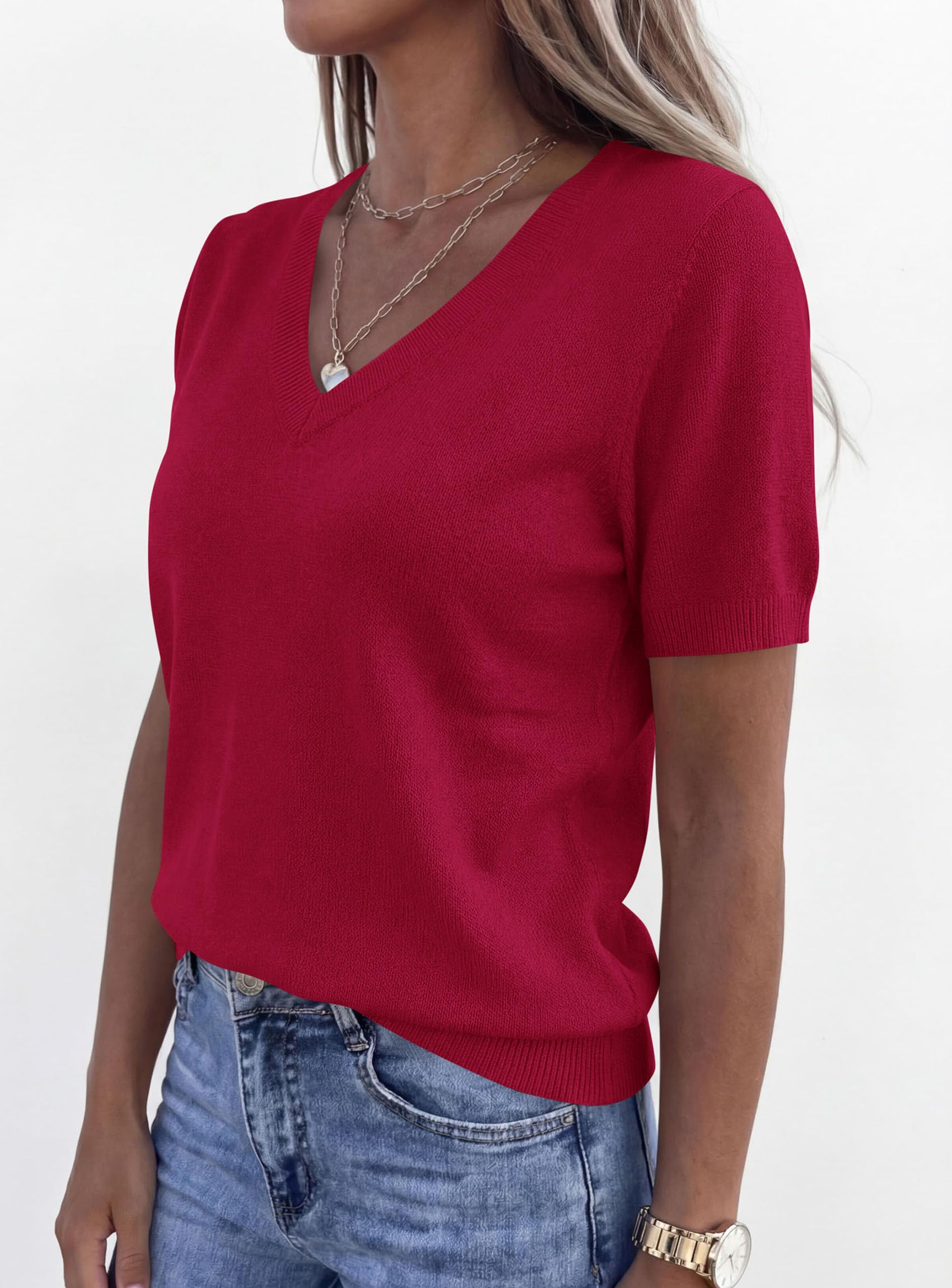 Womens Short Sleeve Sweater V Neck Tops,Red,S