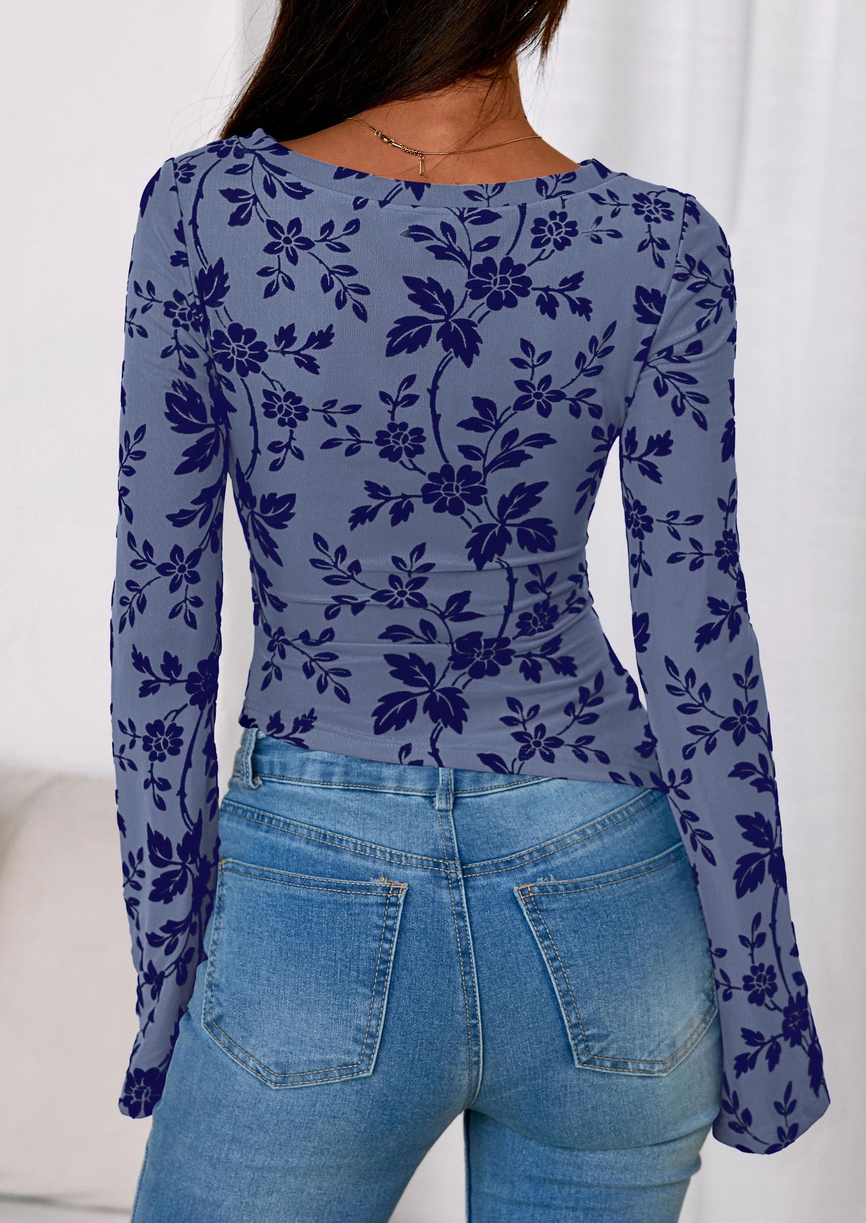 Women's Long Bell Sleeve Y2K Tops Boho Floral Mesh Blouses