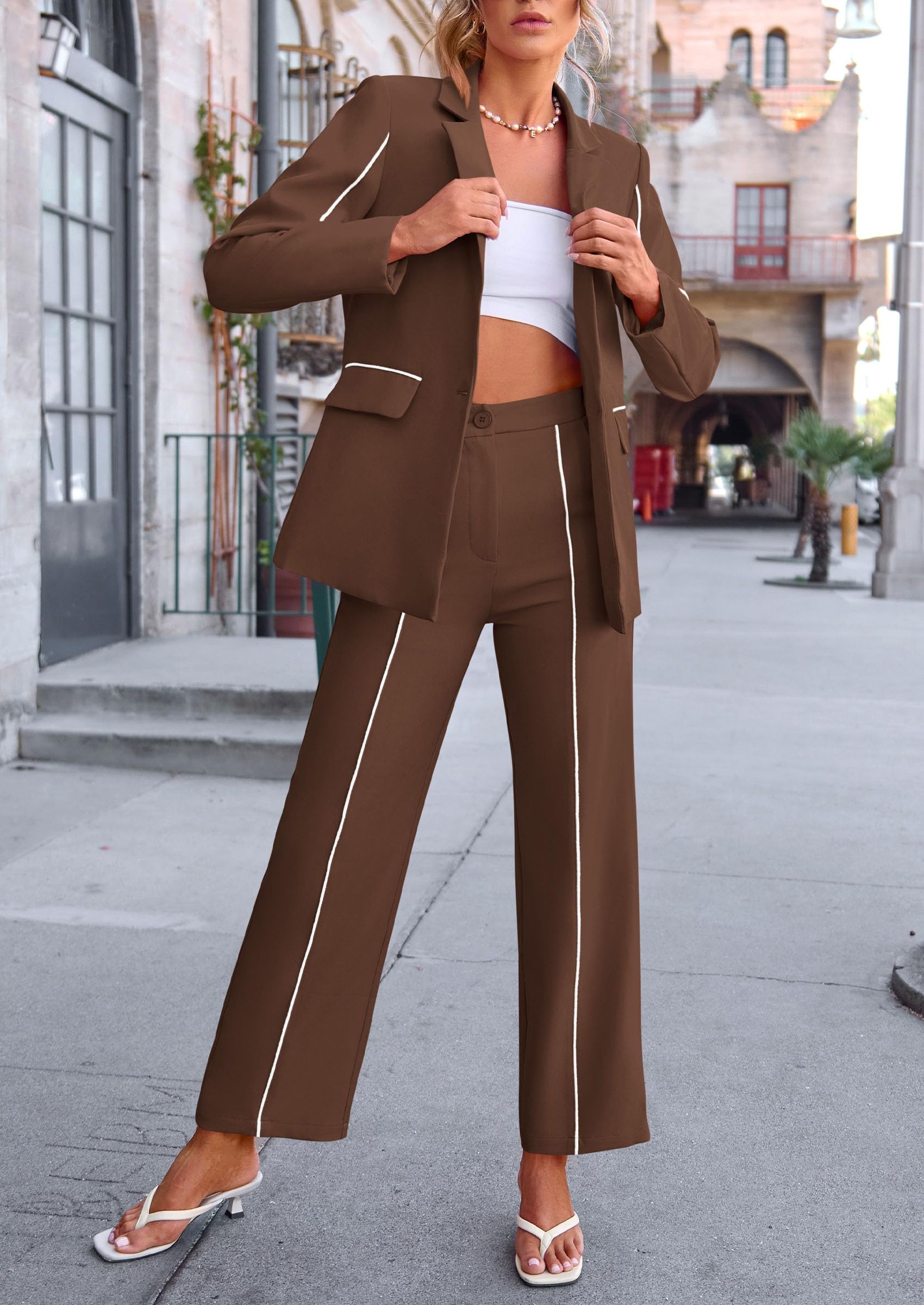 Women's 2 Piece Blazer Business Casual Outfits(Coffee,S)