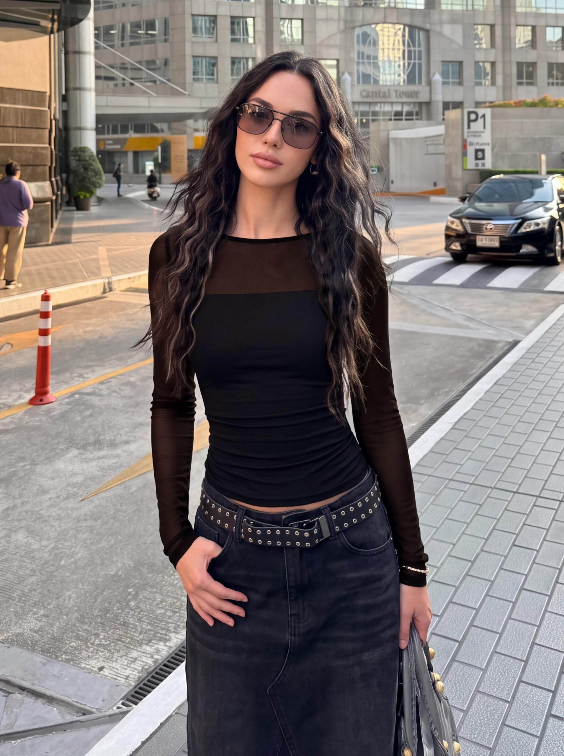 Women's Sheer Mesh Long Sleeve Going Out Tops (Black,S)