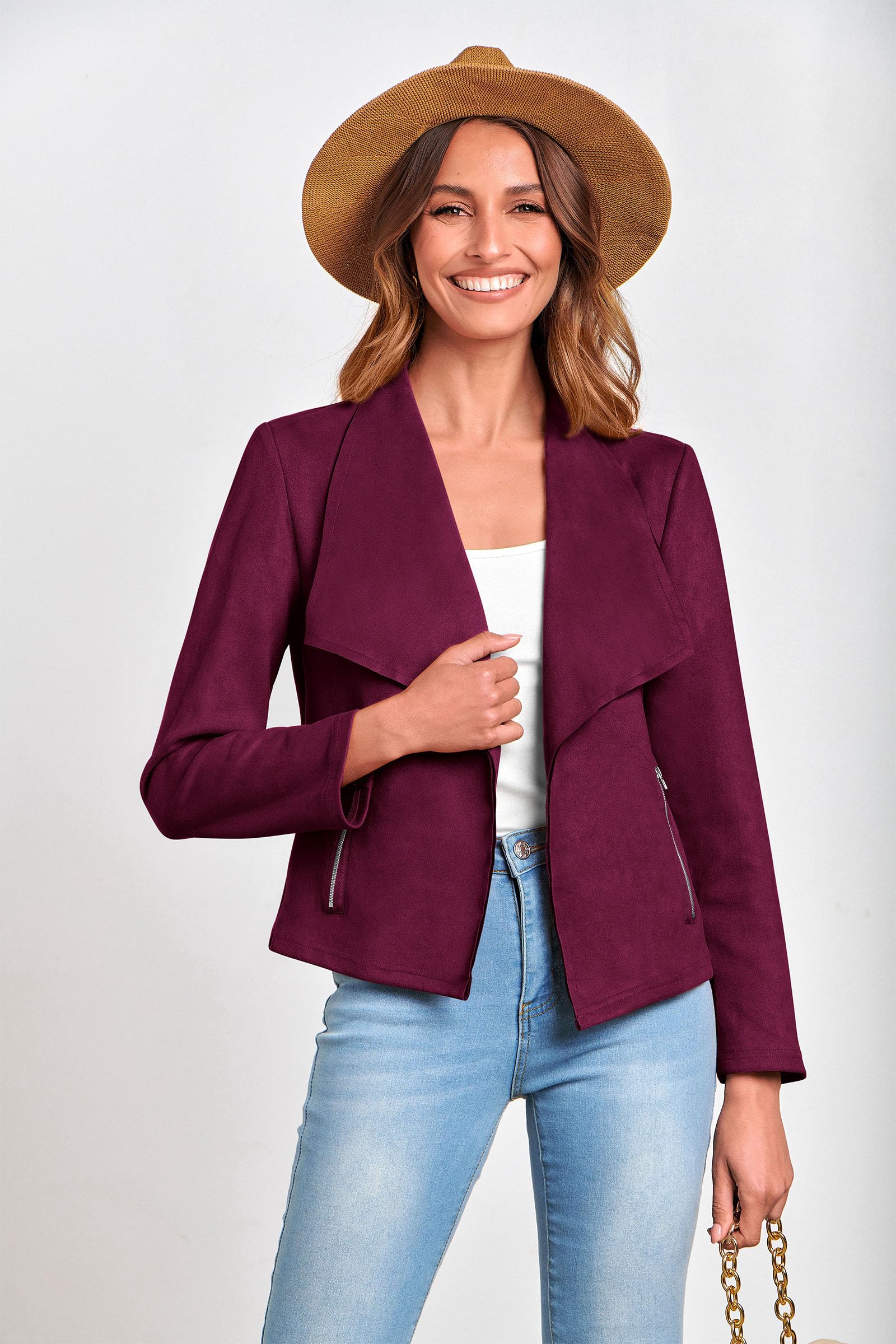 Women's Fall Fashion Faux Suede Jackets(Purple Red,Small)