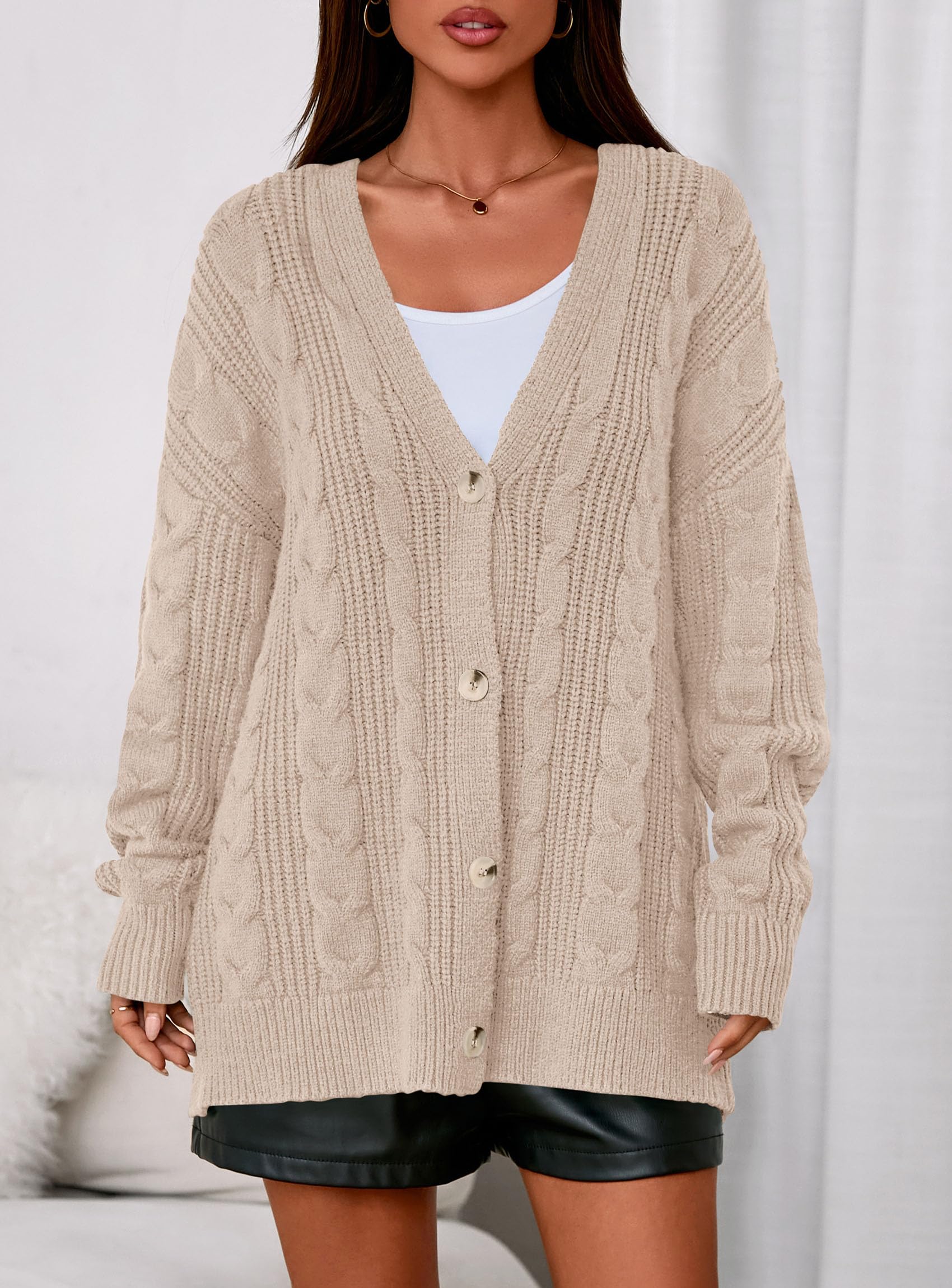 Womens Chunky Cardigan Sweaters 2025 Fall Oversized Cable Knit Long Sleeve Open Front Cardigans Winter Clothing (Apricot,Medium)