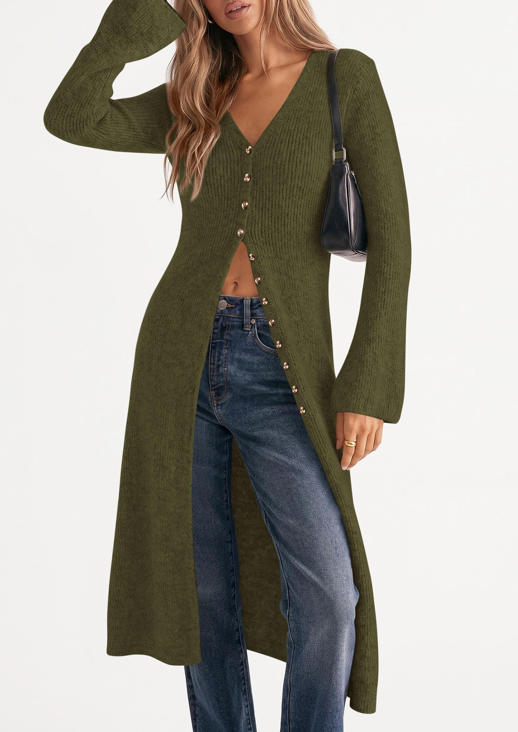 Women Long Cardigan Bell Sleeve Sweater Dress (Army Green,S)