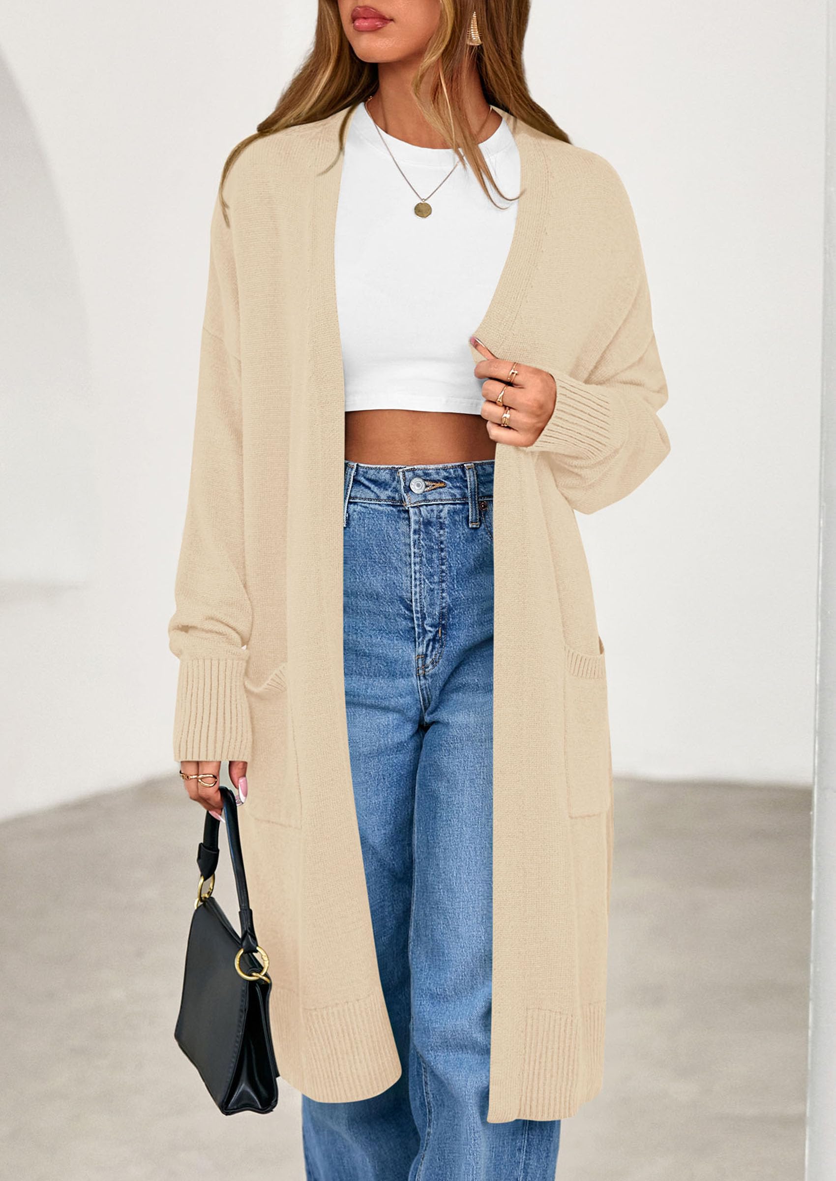 Women's Oversized Open Front Long Knit Cardigan,Apricot,L