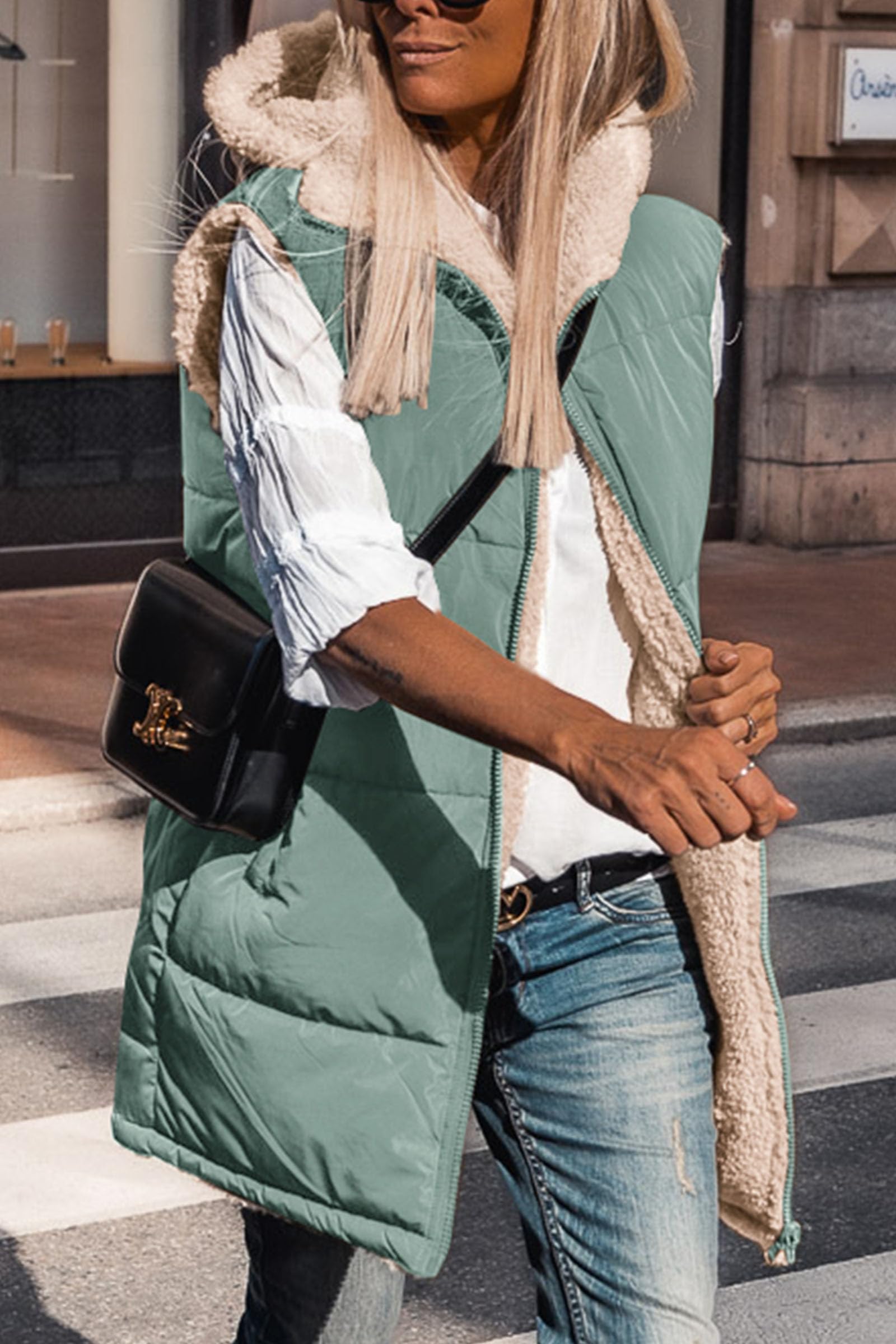 Women's Winter Reversible Fleece Long Vests(Grey Green,S)