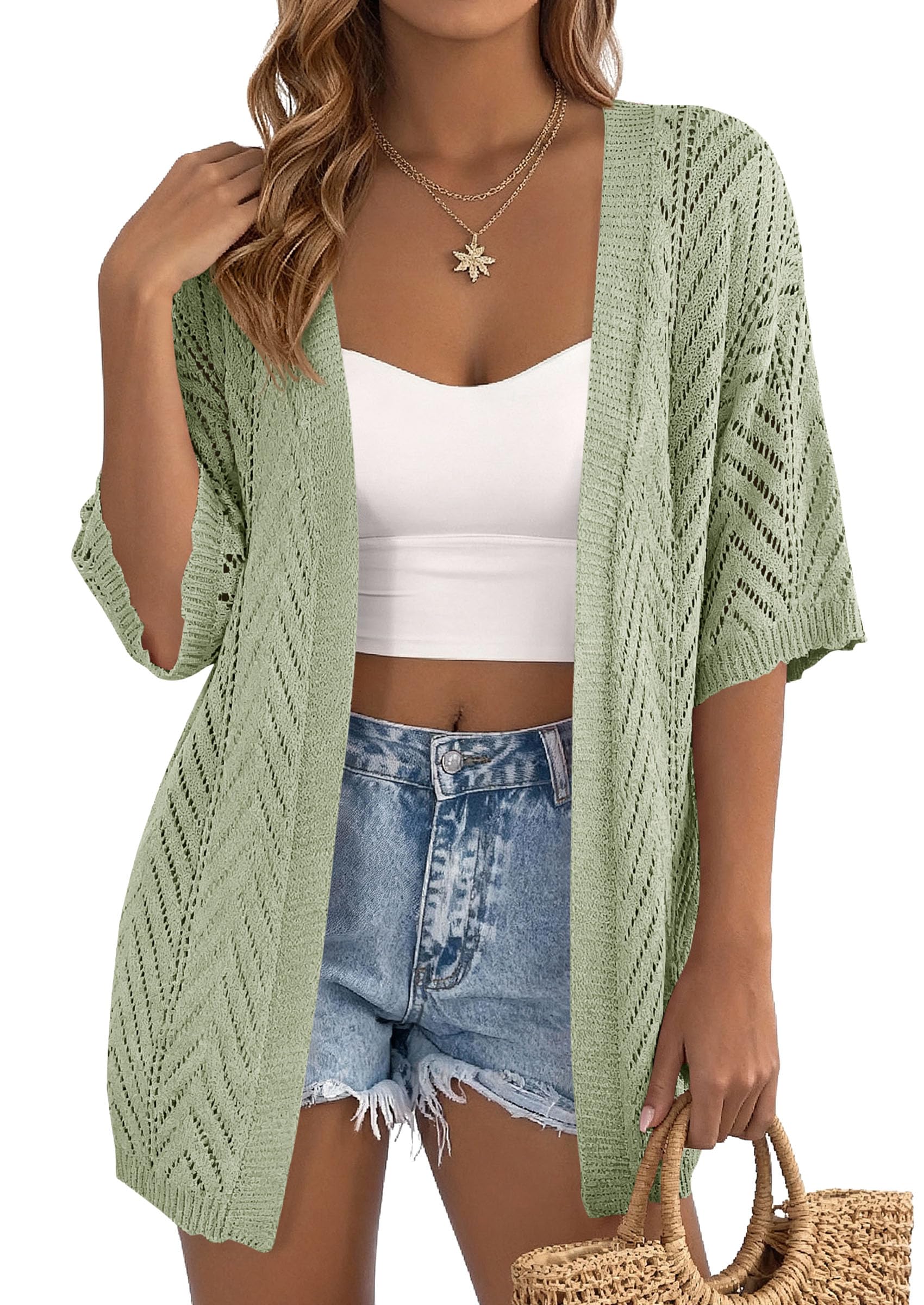 Women Lightweight Summer Short Sleeve Cardigan, Green,S